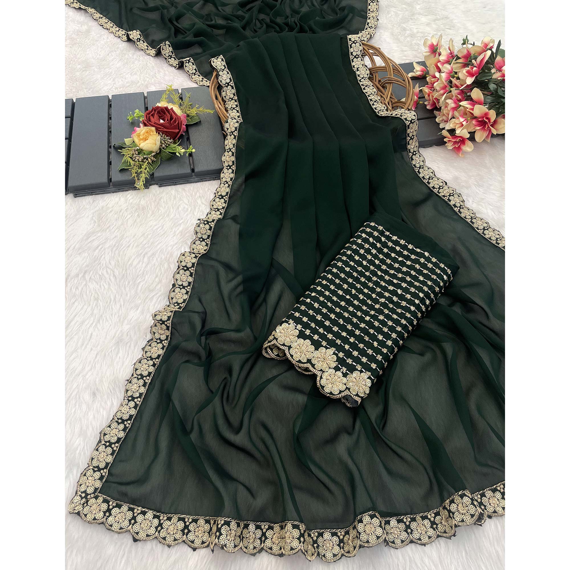 Bottle Green Solid Rangoli Art Silk Saree With Sequins Embroidered Border - Image 3