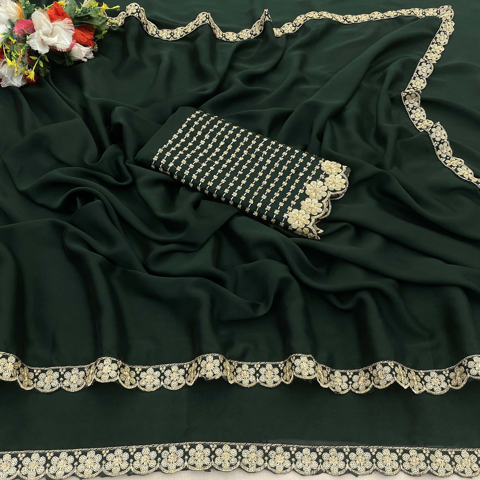 Bottle Green Solid Rangoli Art Silk Saree With Sequins Embroidered Border - Image 4