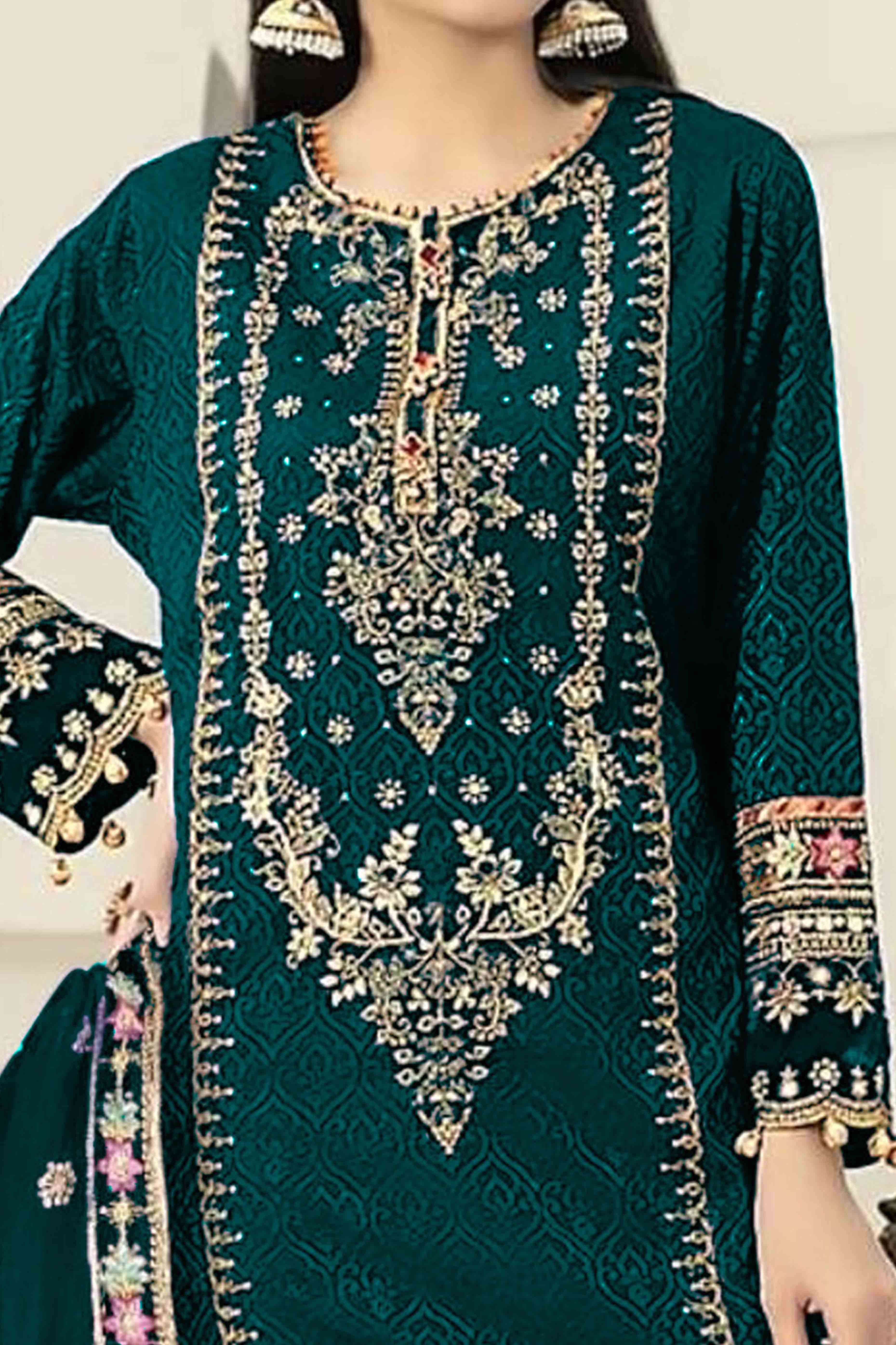 Bottle Green Velvet Dress Material Adorned with Sequins & Thread Embroidery - Image 2