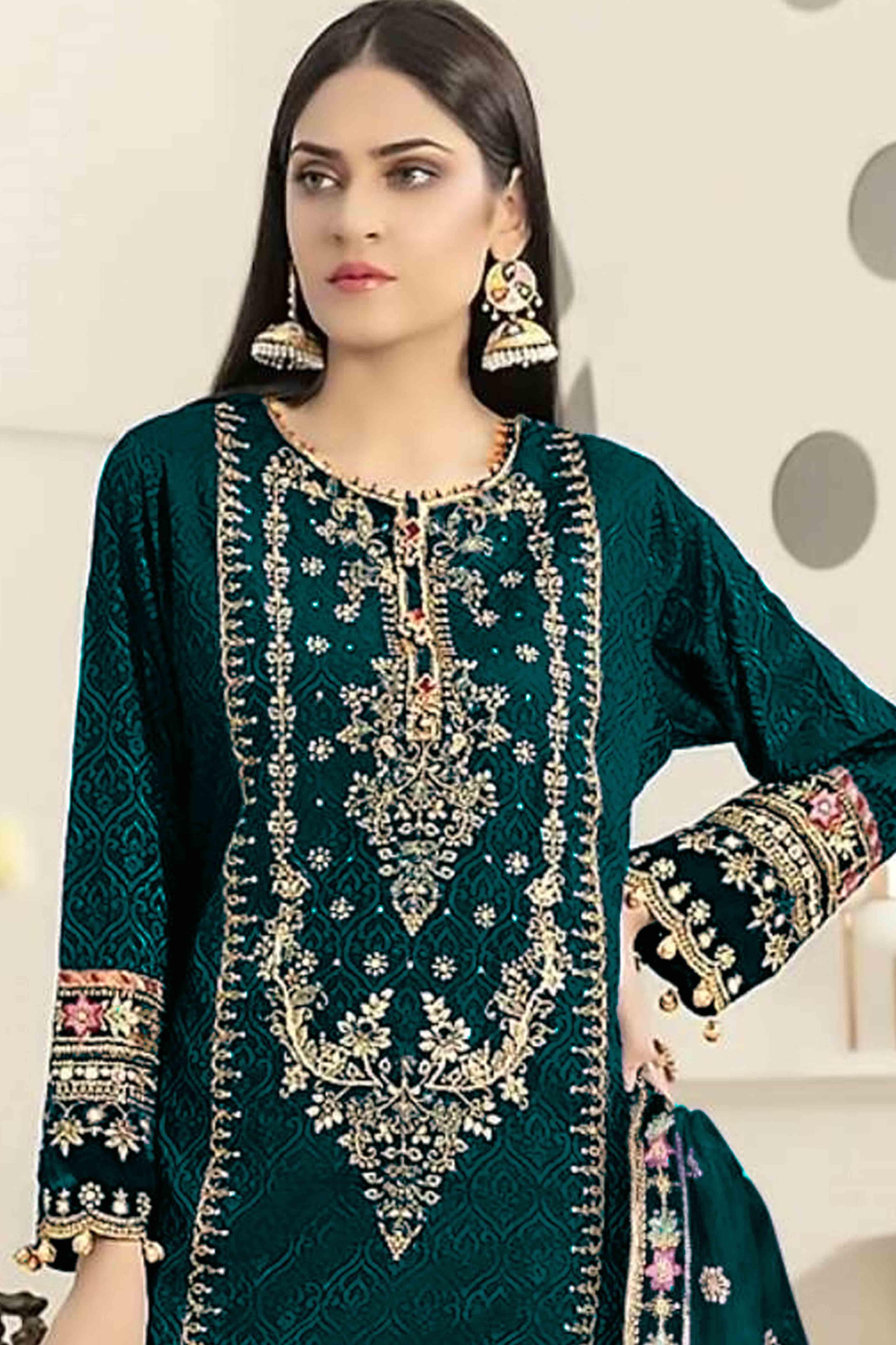 Bottle Green Velvet Dress Material Adorned with Sequins & Thread Embroidery - Image 3