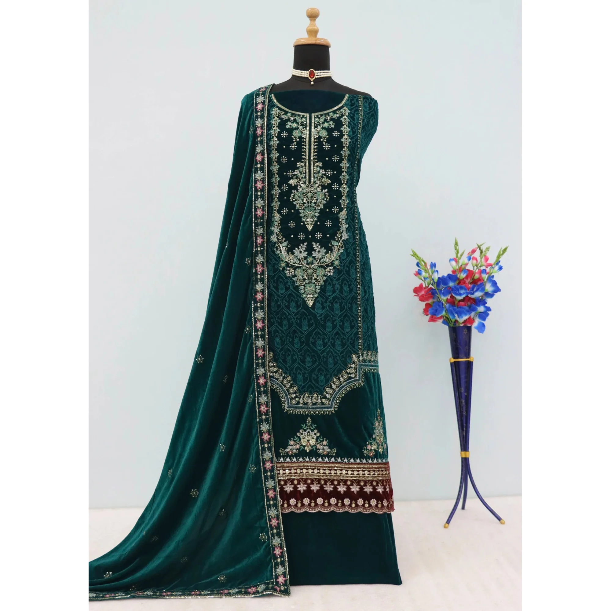 Bottle Green Velvet Dress Material Adorned with Sequins & Thread Embroidery - Image 4