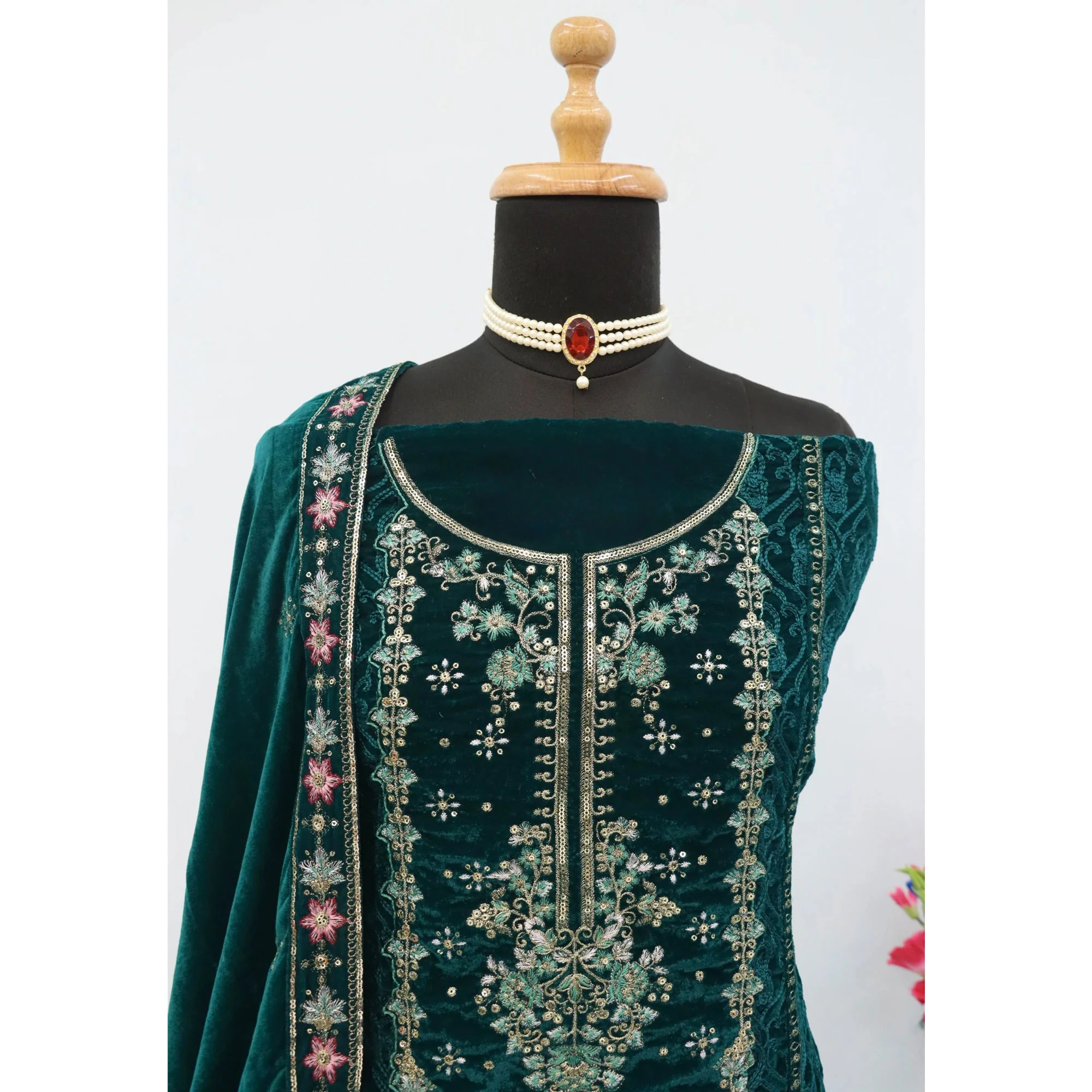 Bottle Green Velvet Dress Material Adorned with Sequins & Thread Embroidery - Image 5