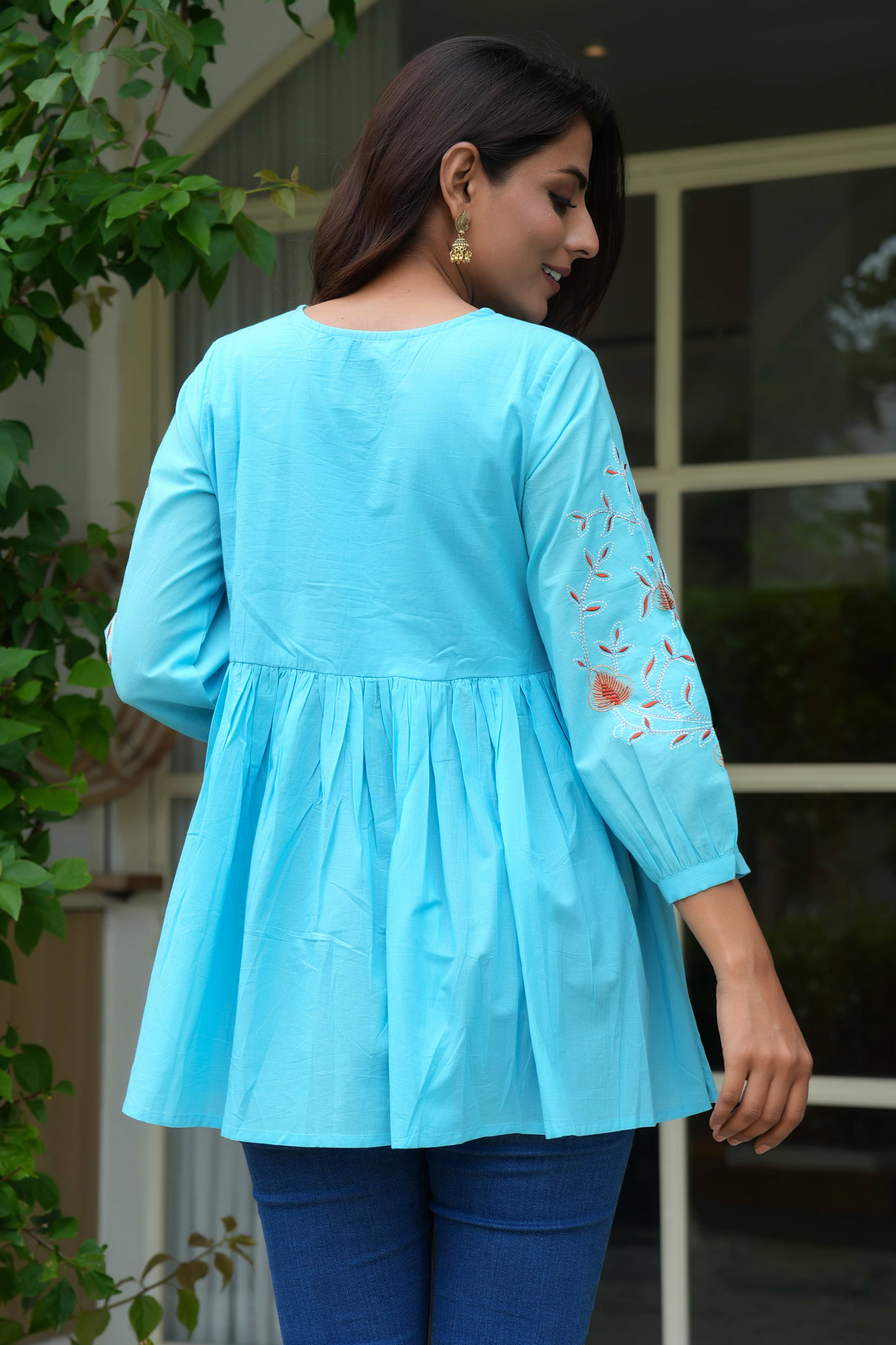 Breezy Sky Blue Pure Cotton Alia Cut Short Top With Intricate Floral Embroidery - Image 6