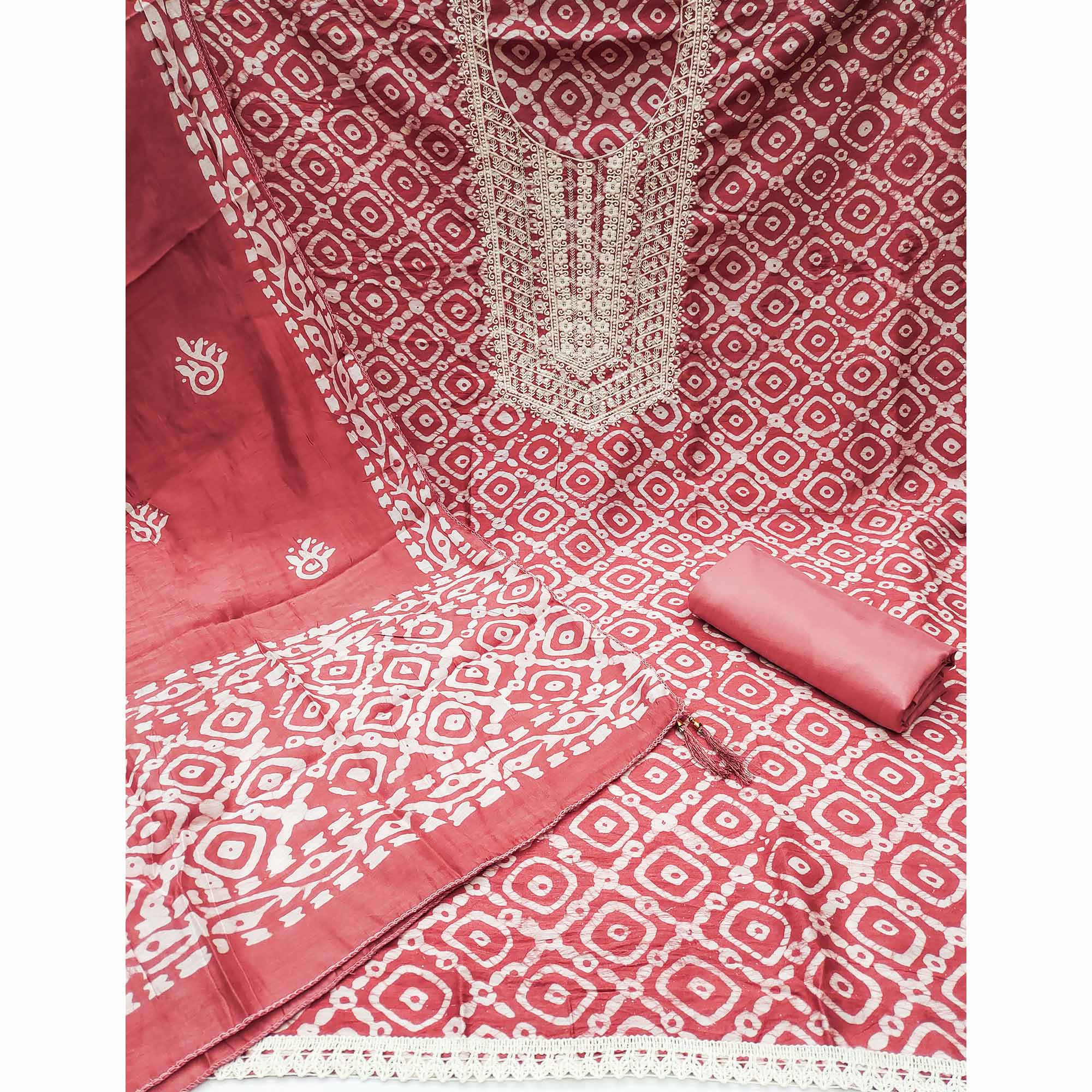 Brick Red Batik Printed With Embroidered Cotton Silk Dress Material - Image 3