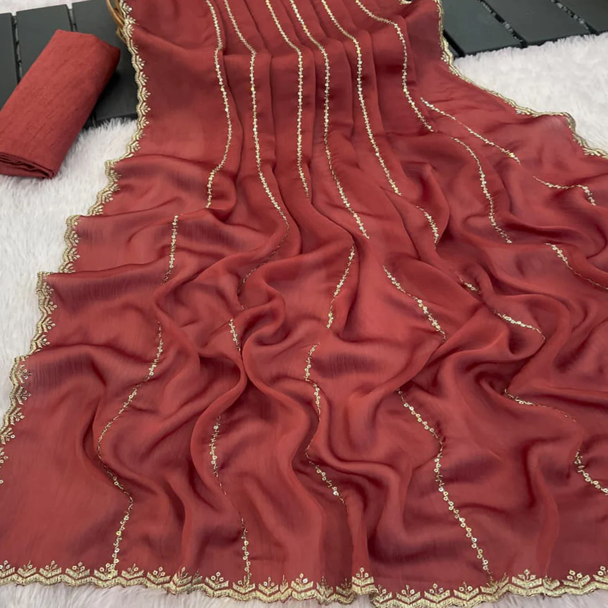 Brick Red Soft Satin Chiffon Saree Adorned with Intricate Sequins Detailing - Image 2