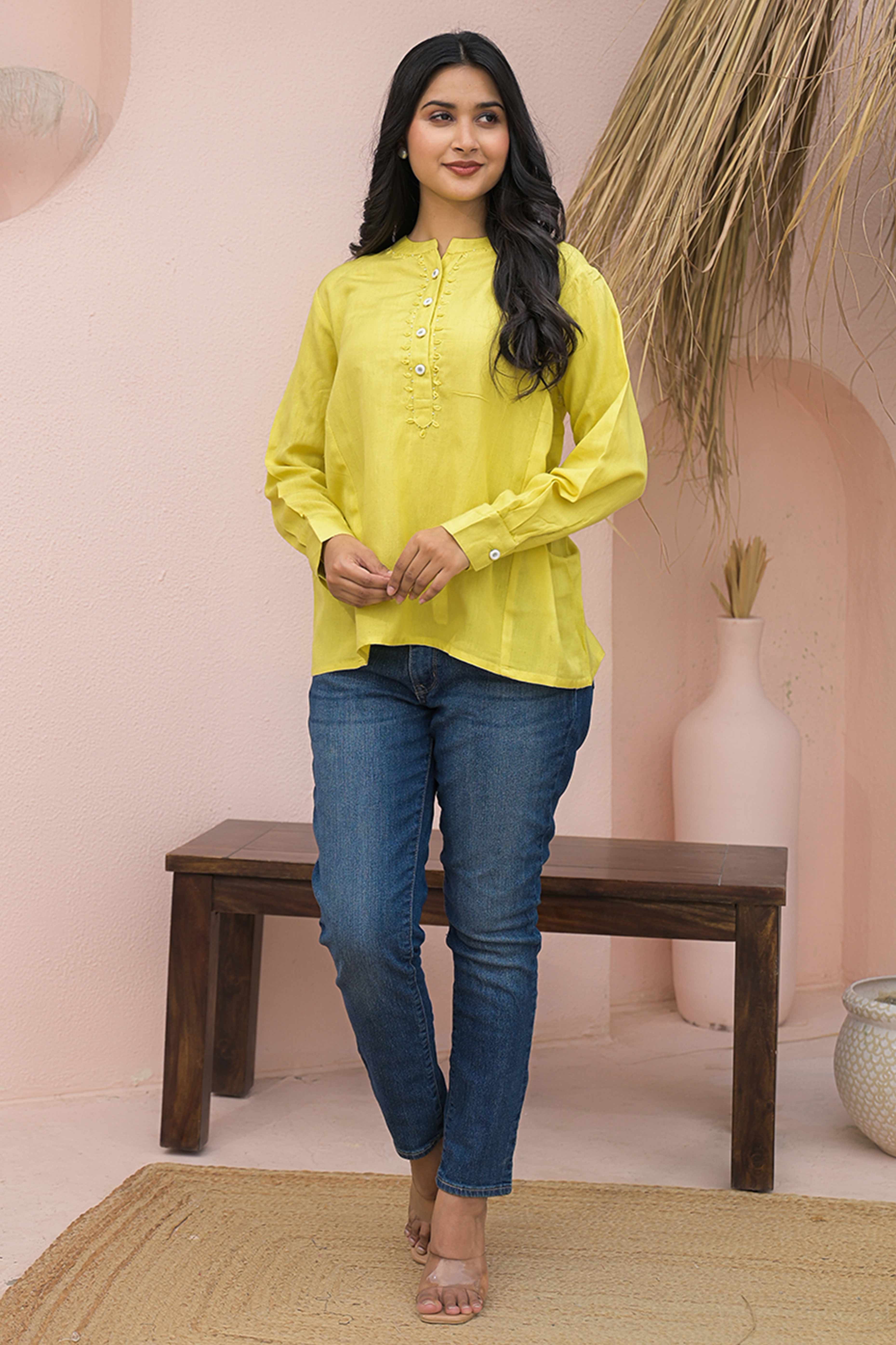 Bright Lemon Yellow Solid Cotton Top With Flowy A-Line Fit - Image 6