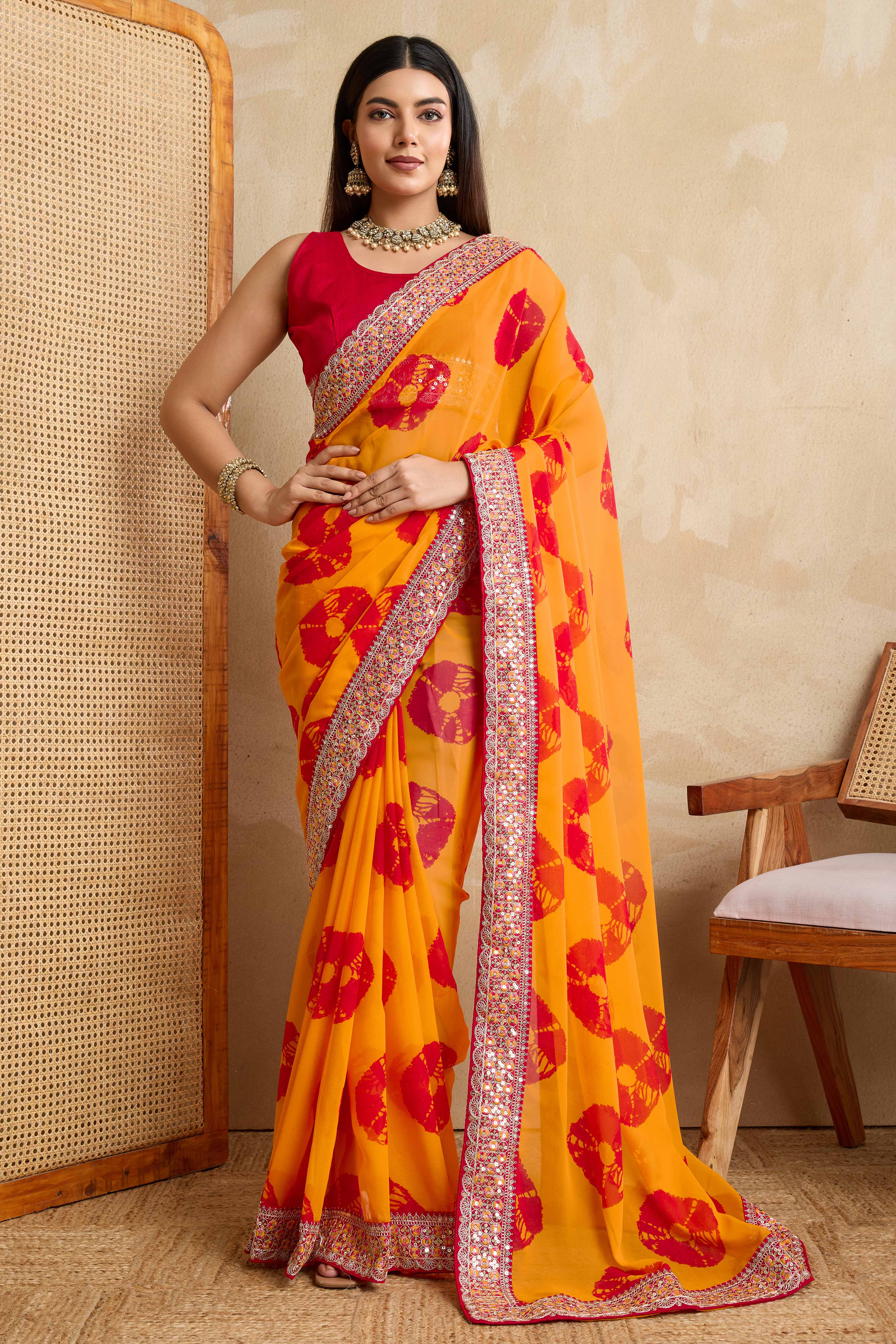 Bright Orange Georgette Saree with Contemporary Tie-Dye Patterns and Classic Lace Work Finish - Image 3