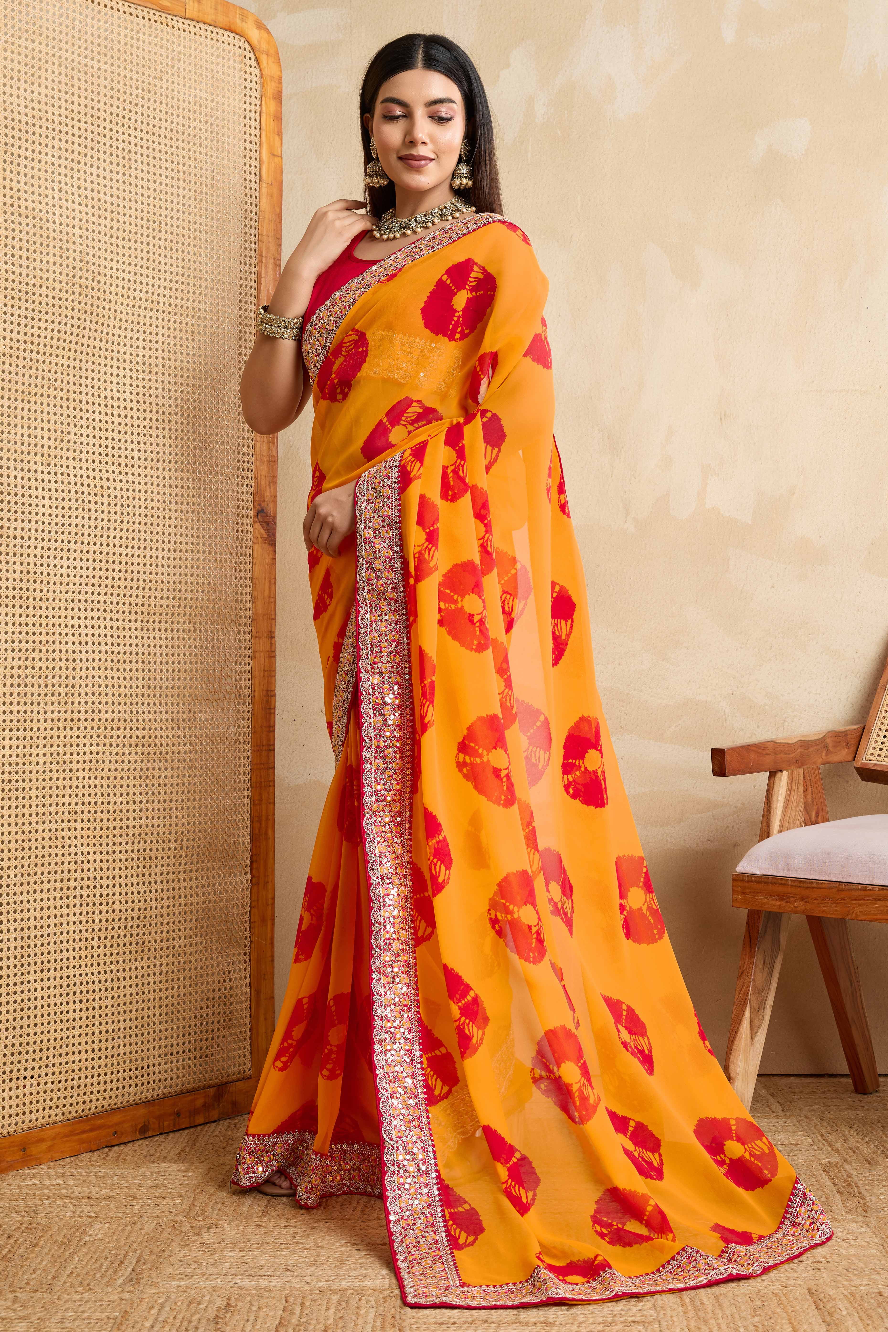 Bright Orange Georgette Saree with Contemporary Tie-Dye Patterns and Classic Lace Work Finish - Image 4