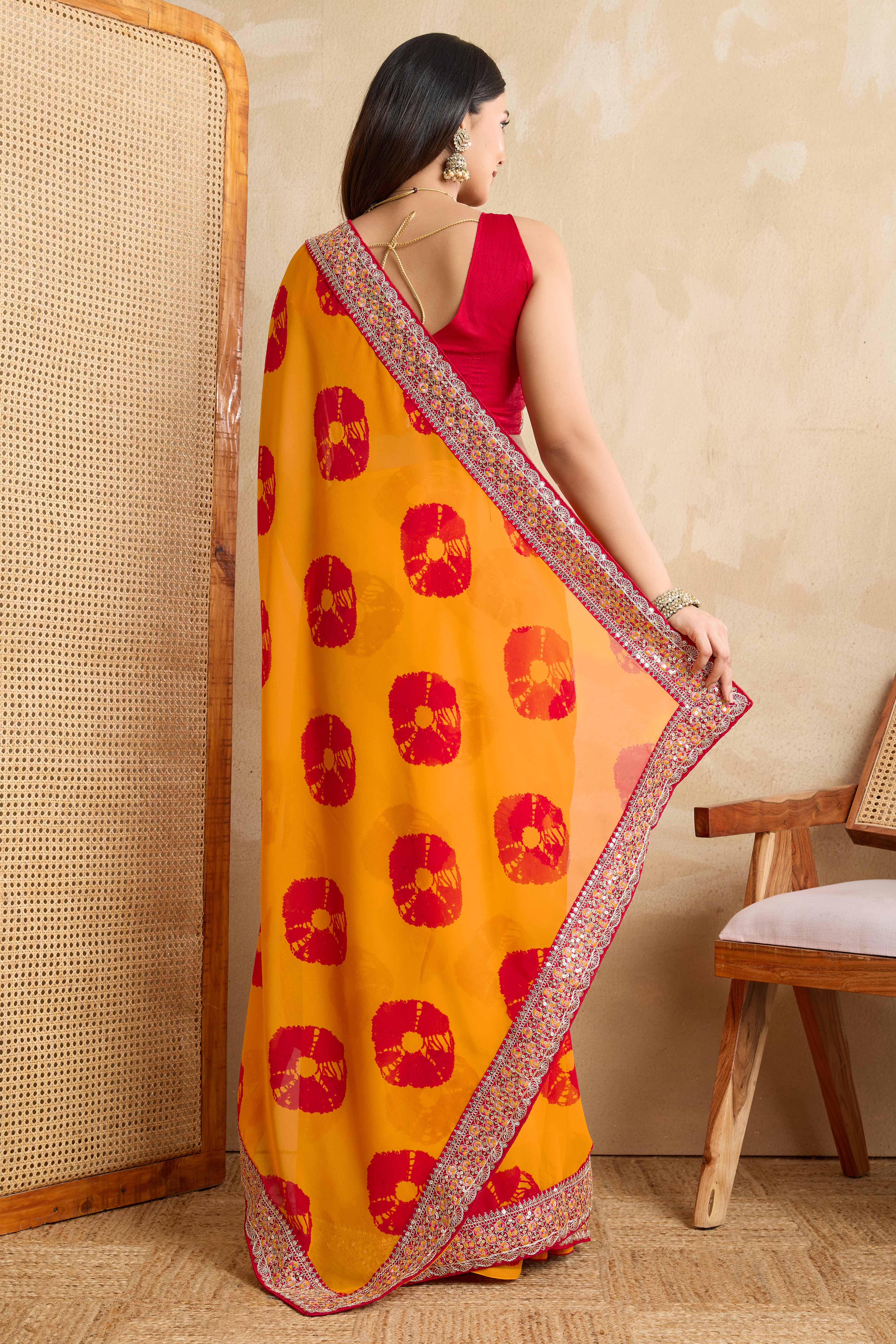 Bright Orange Georgette Saree with Contemporary Tie-Dye Patterns and Classic Lace Work Finish - Image 5