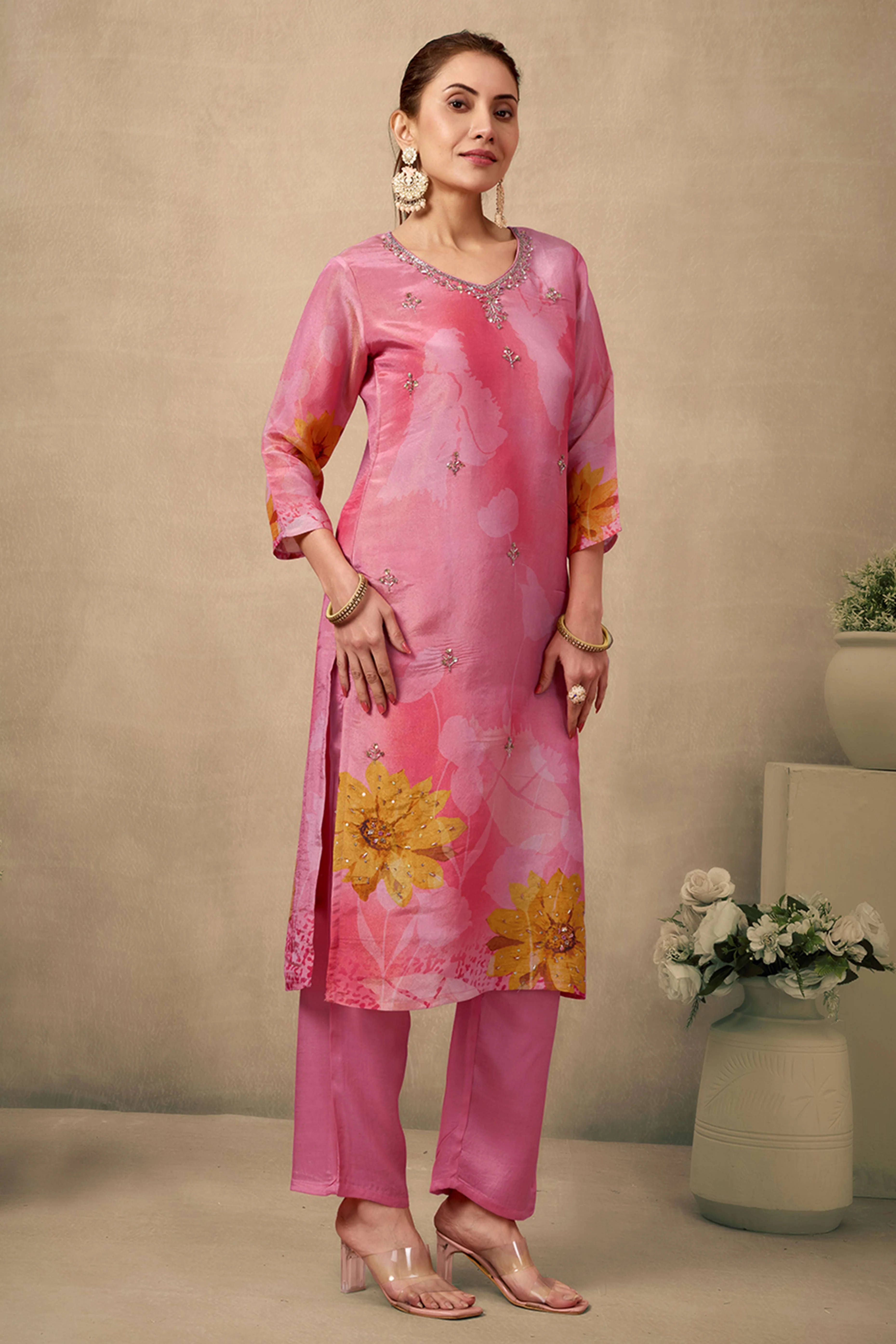 Bright Peach Organza Straight Suit Enhanced with Detailed Embroidery in Stones and Beads - Image 3
