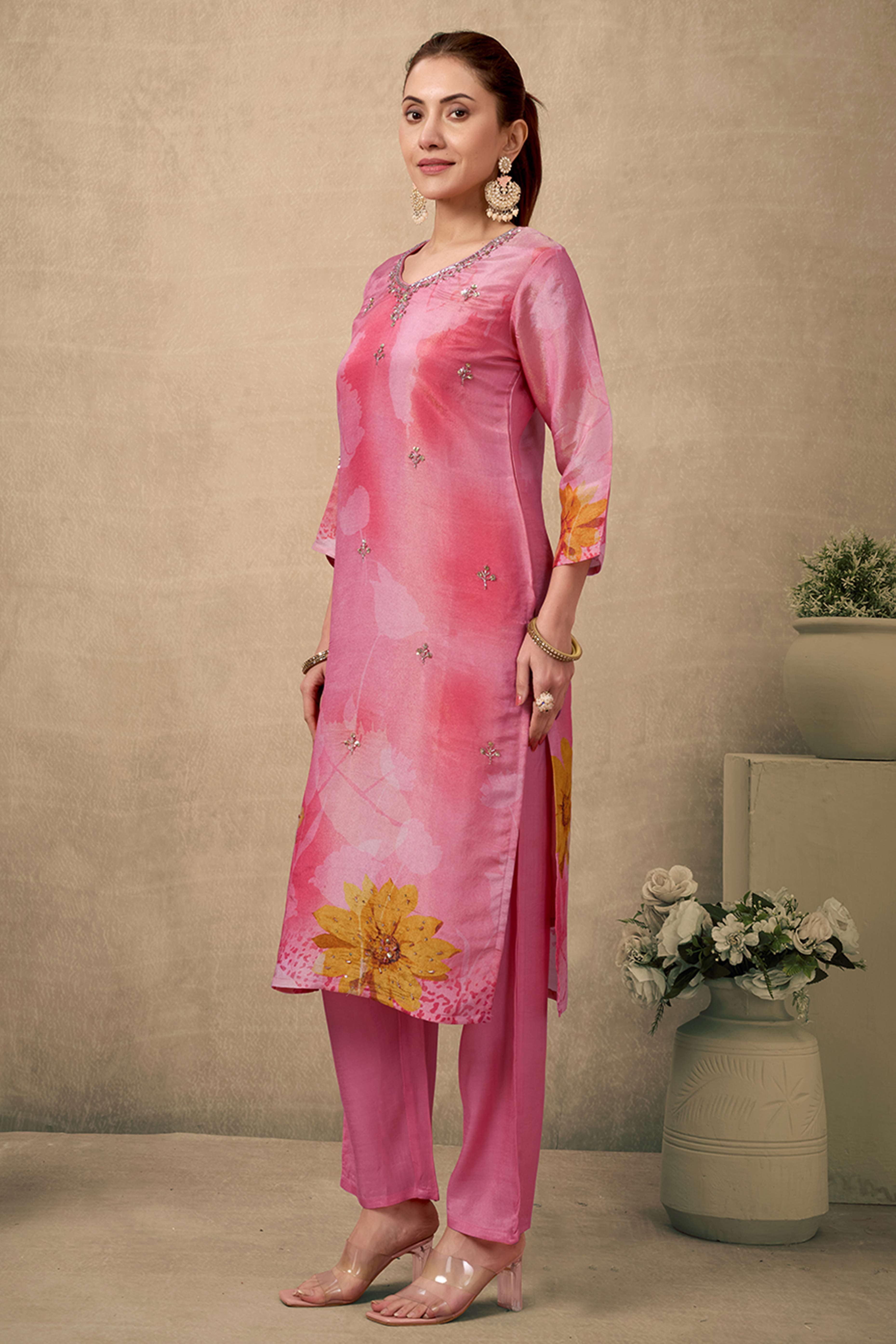 Bright Peach Organza Straight Suit Enhanced with Detailed Embroidery in Stones and Beads - Image 4