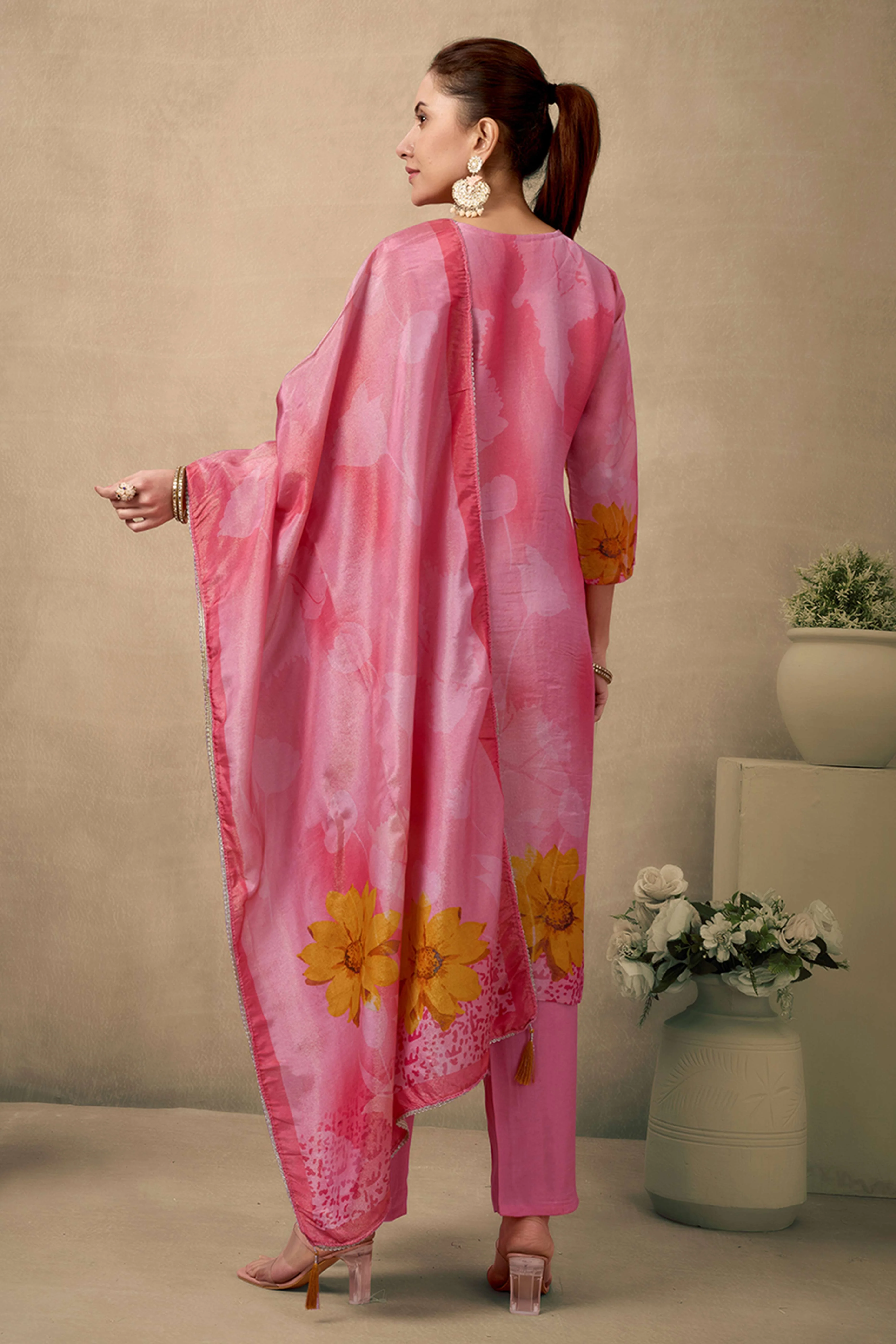 Bright Peach Organza Straight Suit Enhanced with Detailed Embroidery in Stones and Beads - Image 5