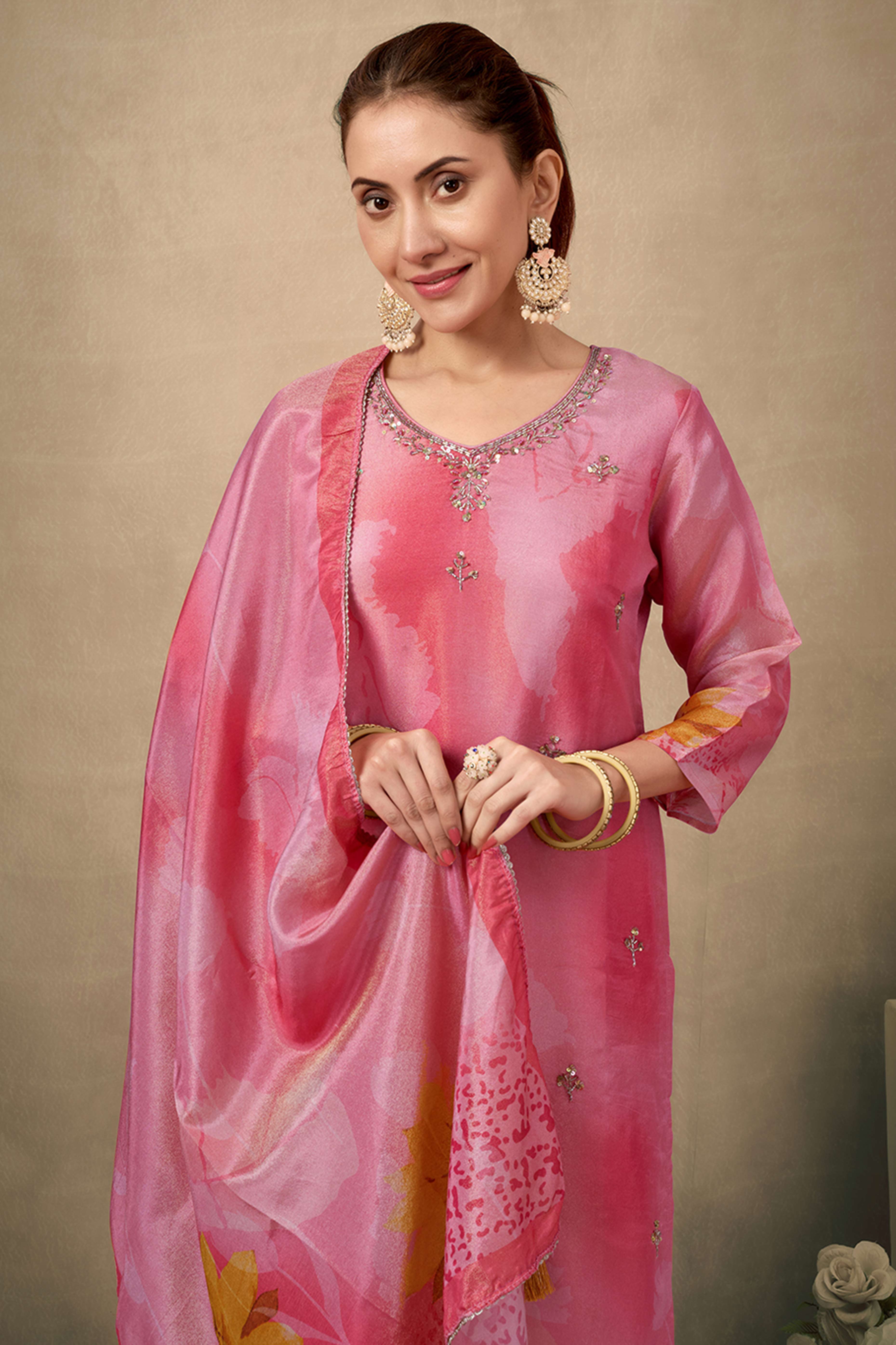Bright Peach Organza Straight Suit Enhanced with Detailed Embroidery in Stones and Beads - Image 6