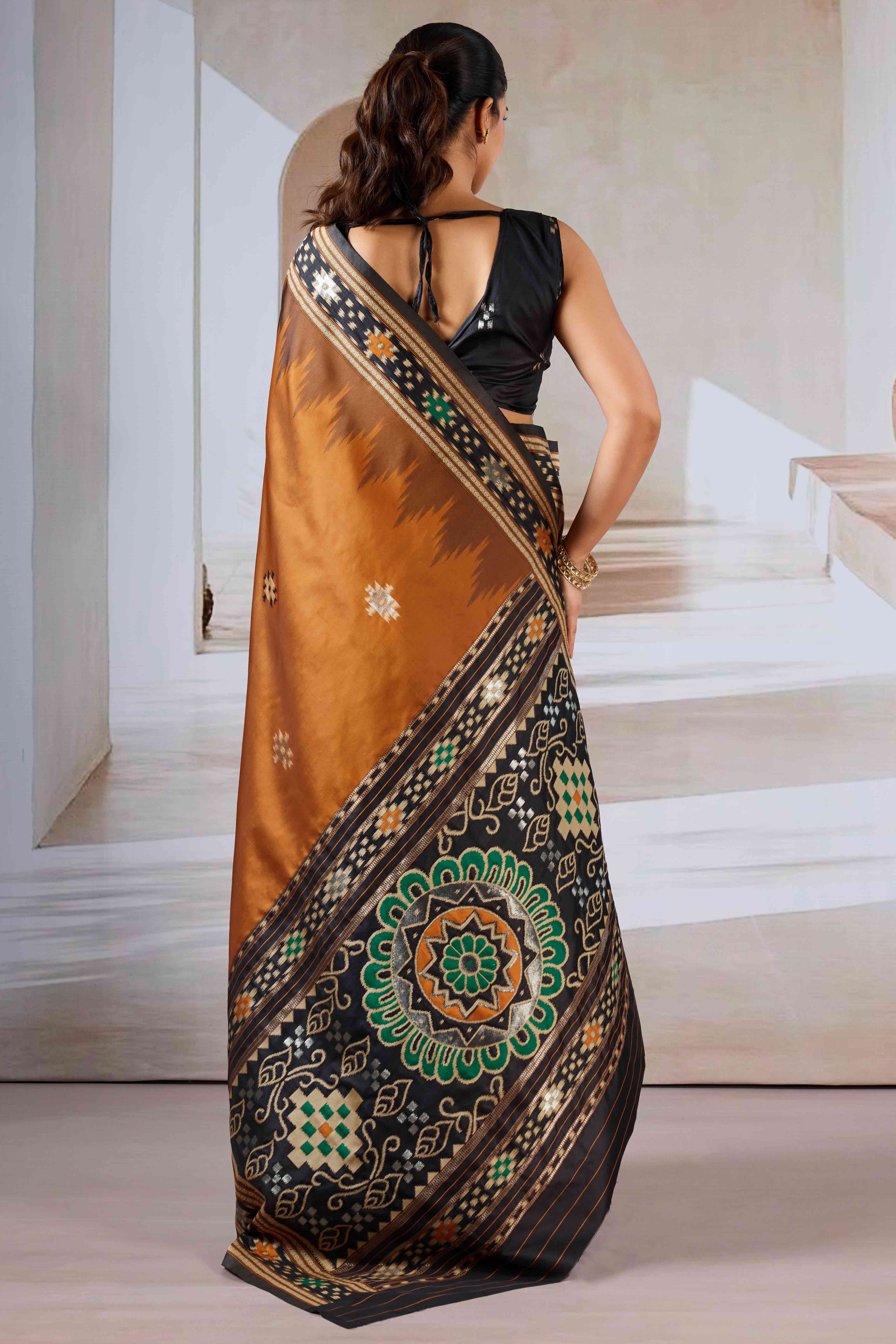 Brown Art Silk Saree Adorned with Intricate Patola Style Woven Designs - Image 5