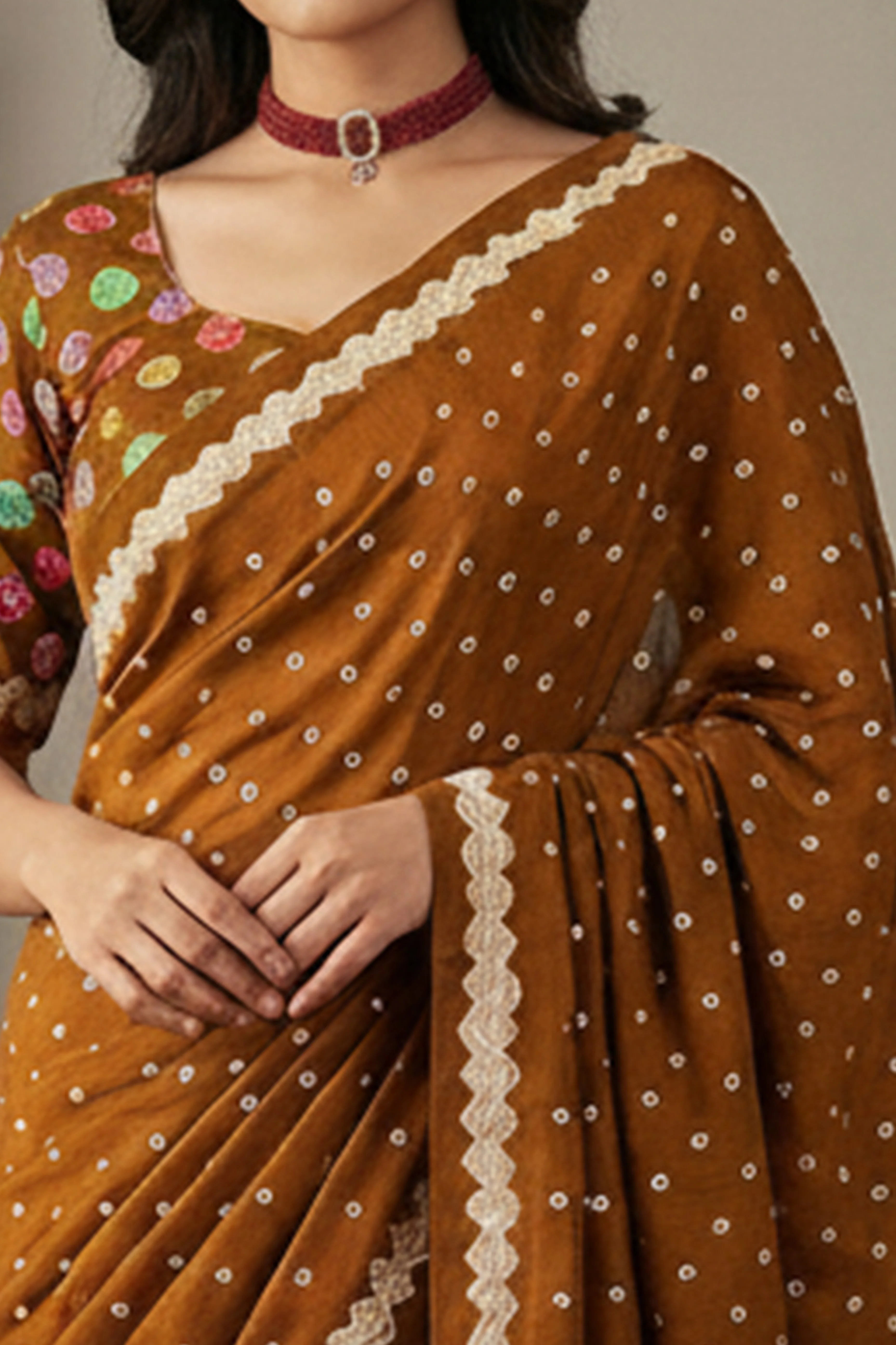 Brown Bandhani Print Premium Pure Dola Viscose Saree Party Essential - Image 2