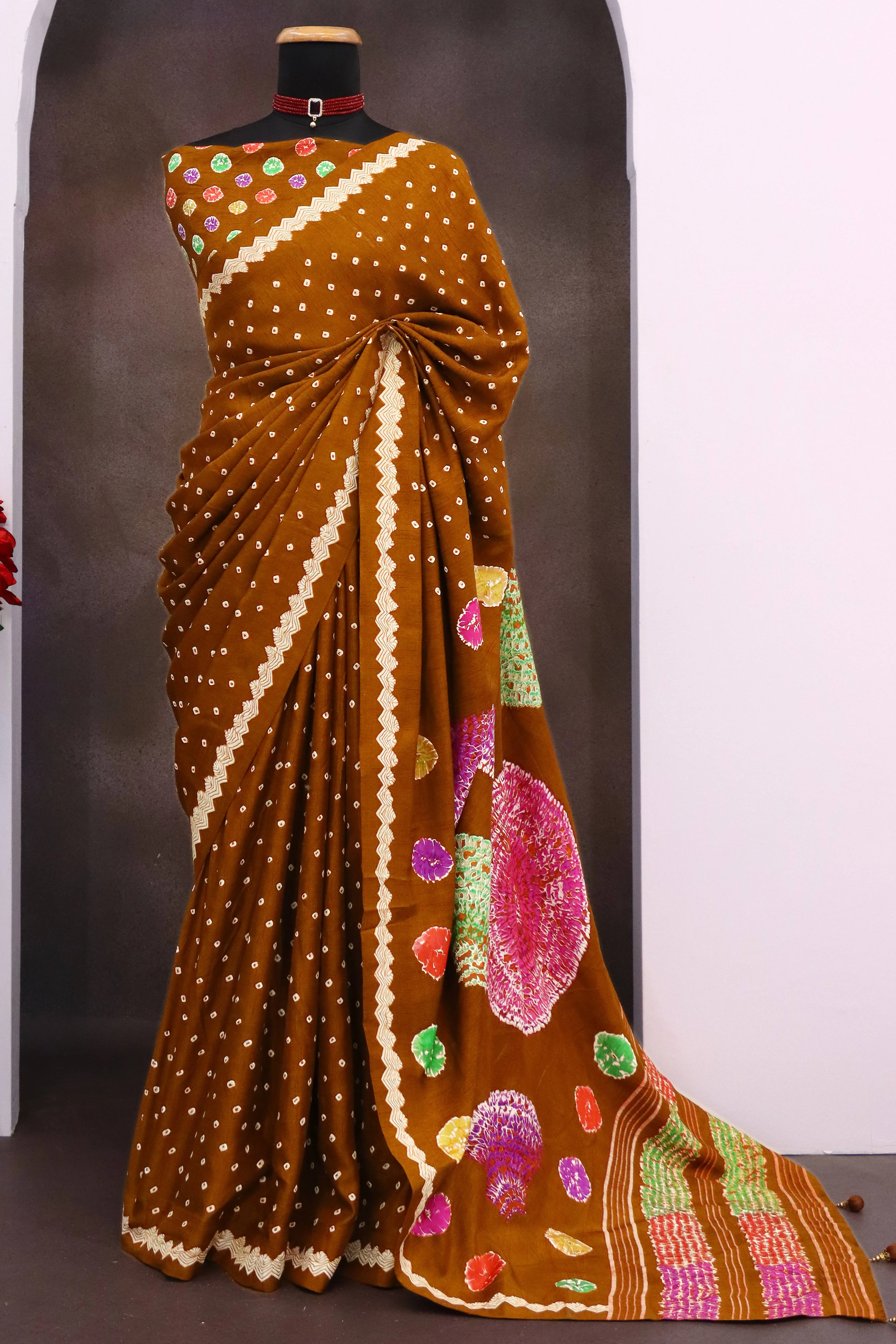 Brown Bandhani Print Premium Pure Dola Viscose Saree Party Essential - Image 3