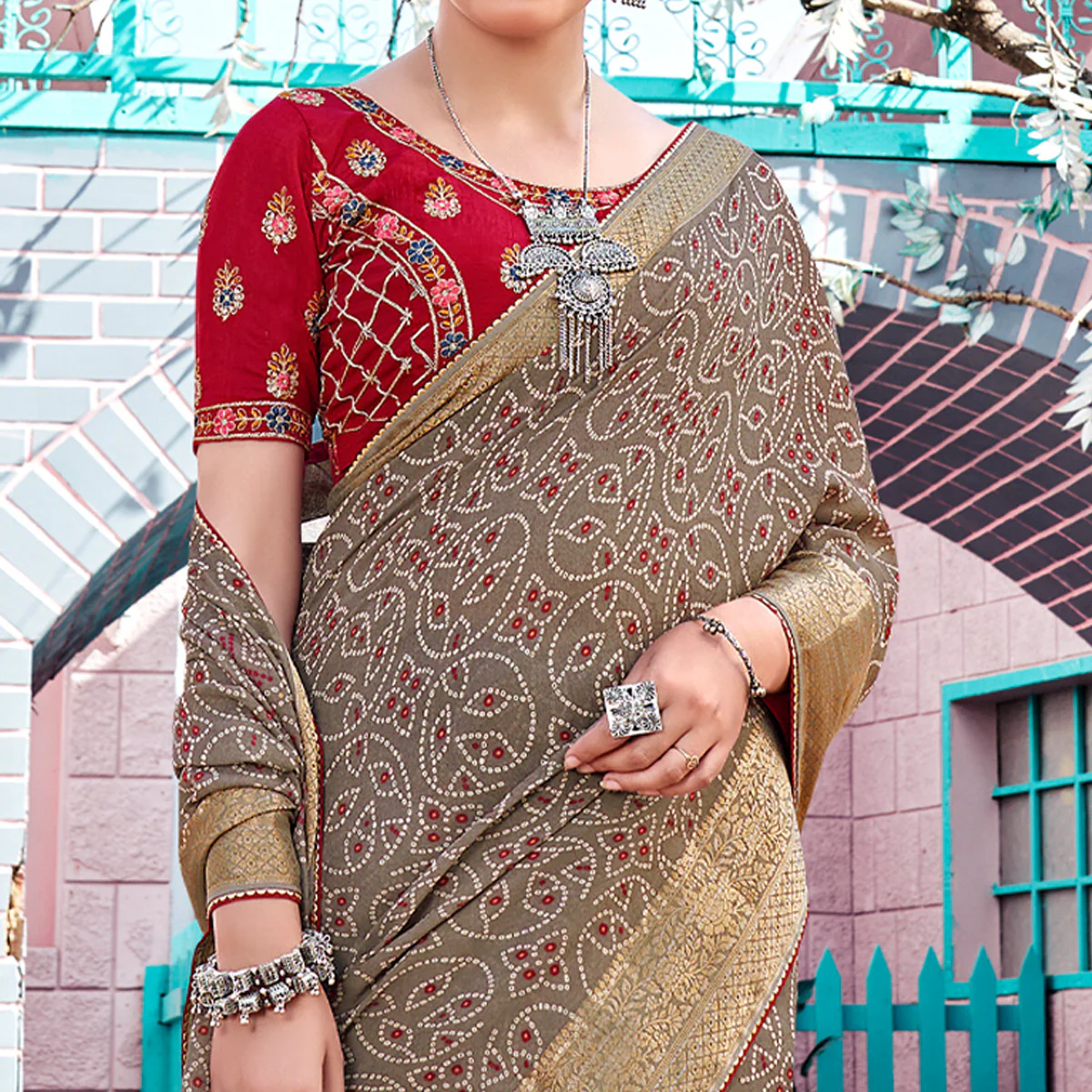 Brown Bandhani Printed Georgette Saree - Image 2