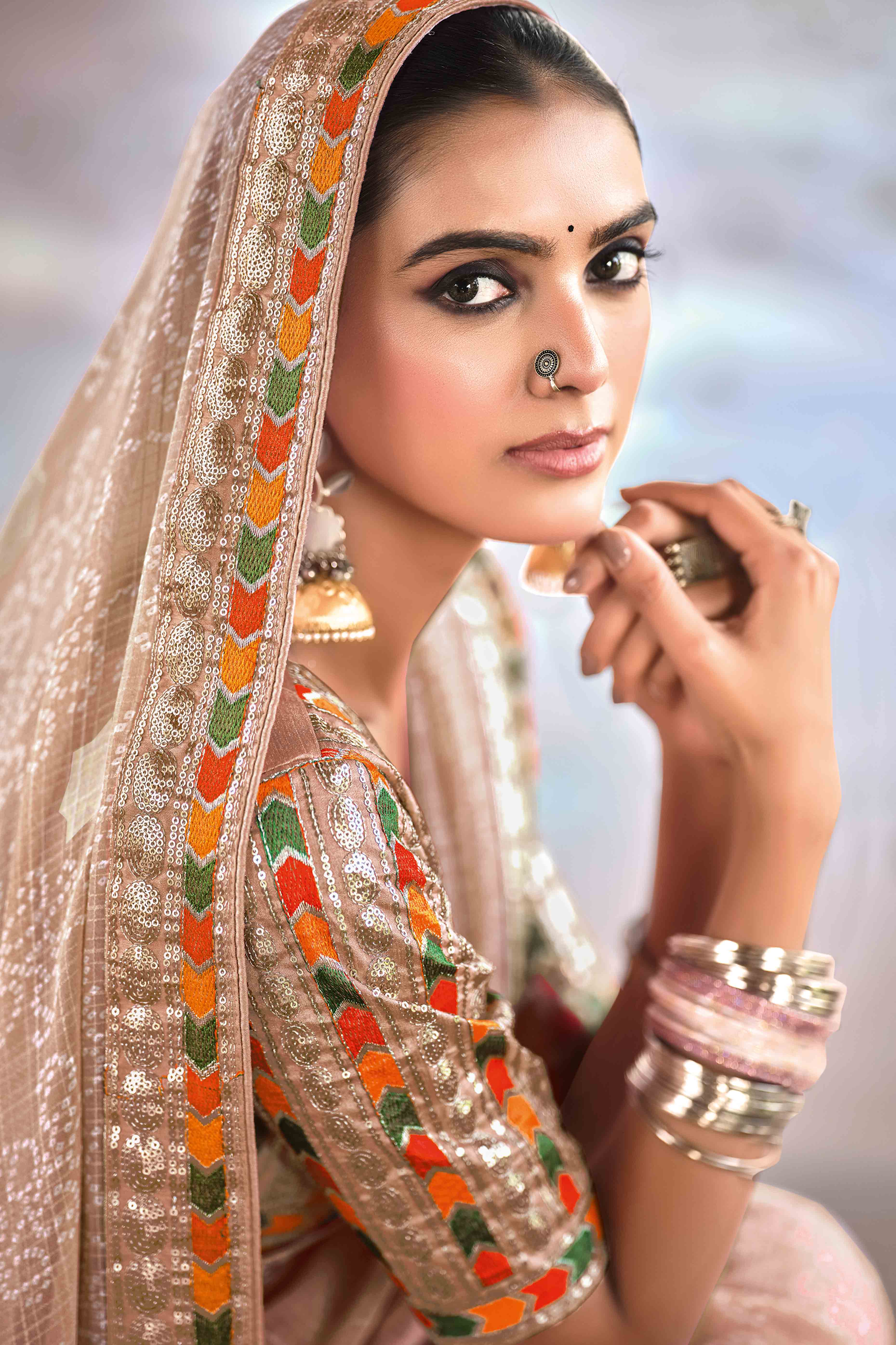 Brown Bandhani Printed Georgette Saree With Glittering Sequin Embroidered Border - Image 3
