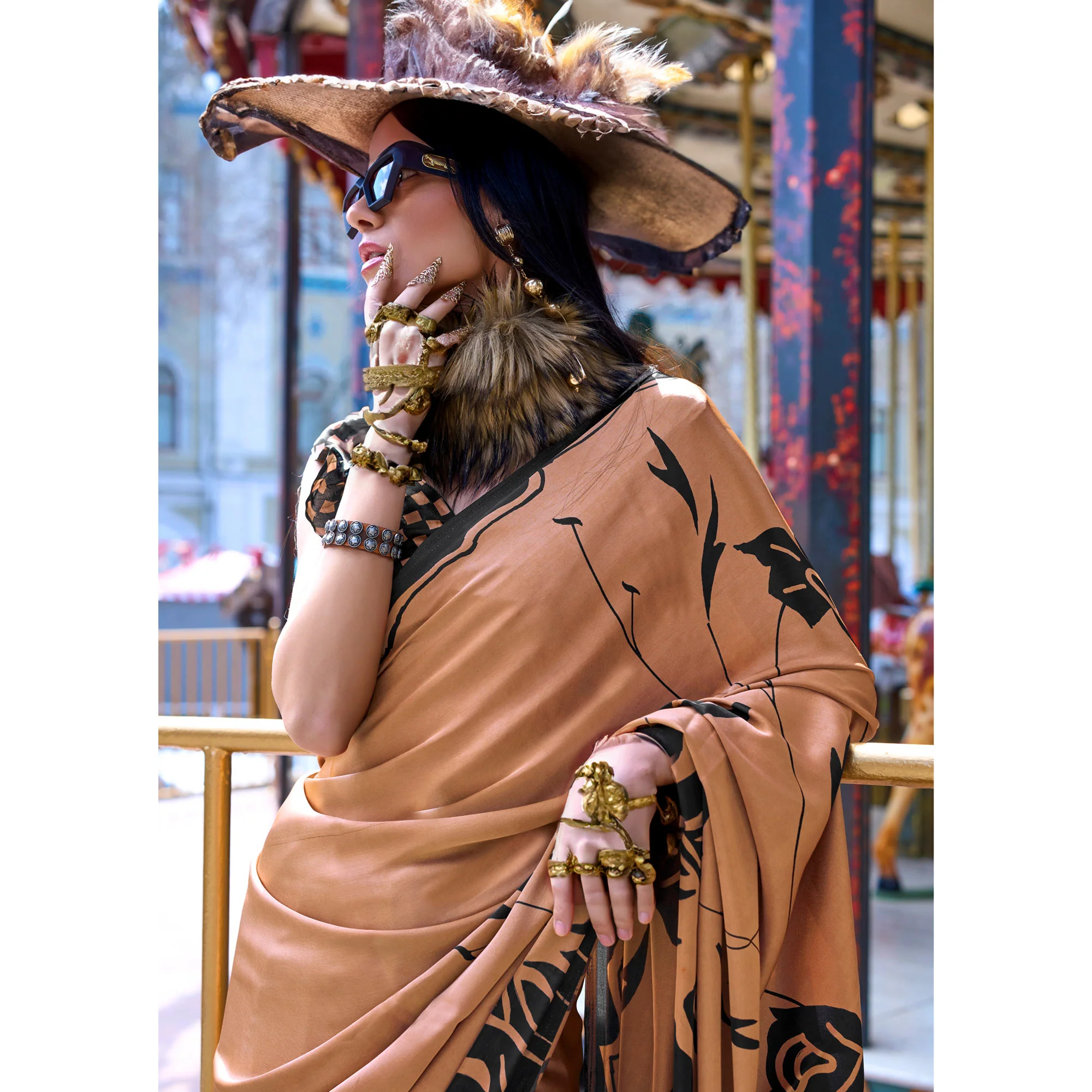 Brown & Black Contemporary Printed Satin Saree - Image 4