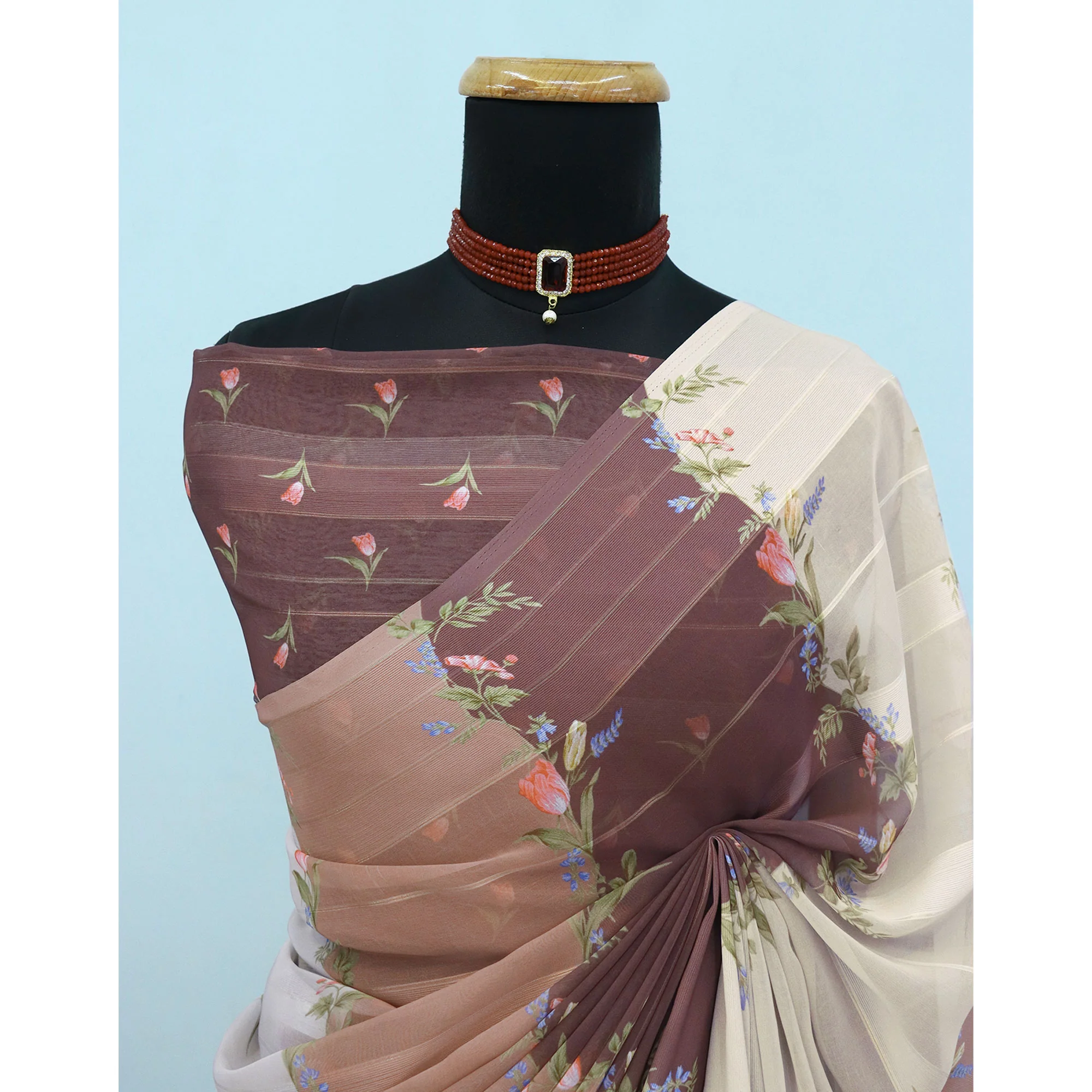 Brown Bloom Floral Digital Printed Georgette Saree Accentuated With Graceful Zari Stripes - Image 4