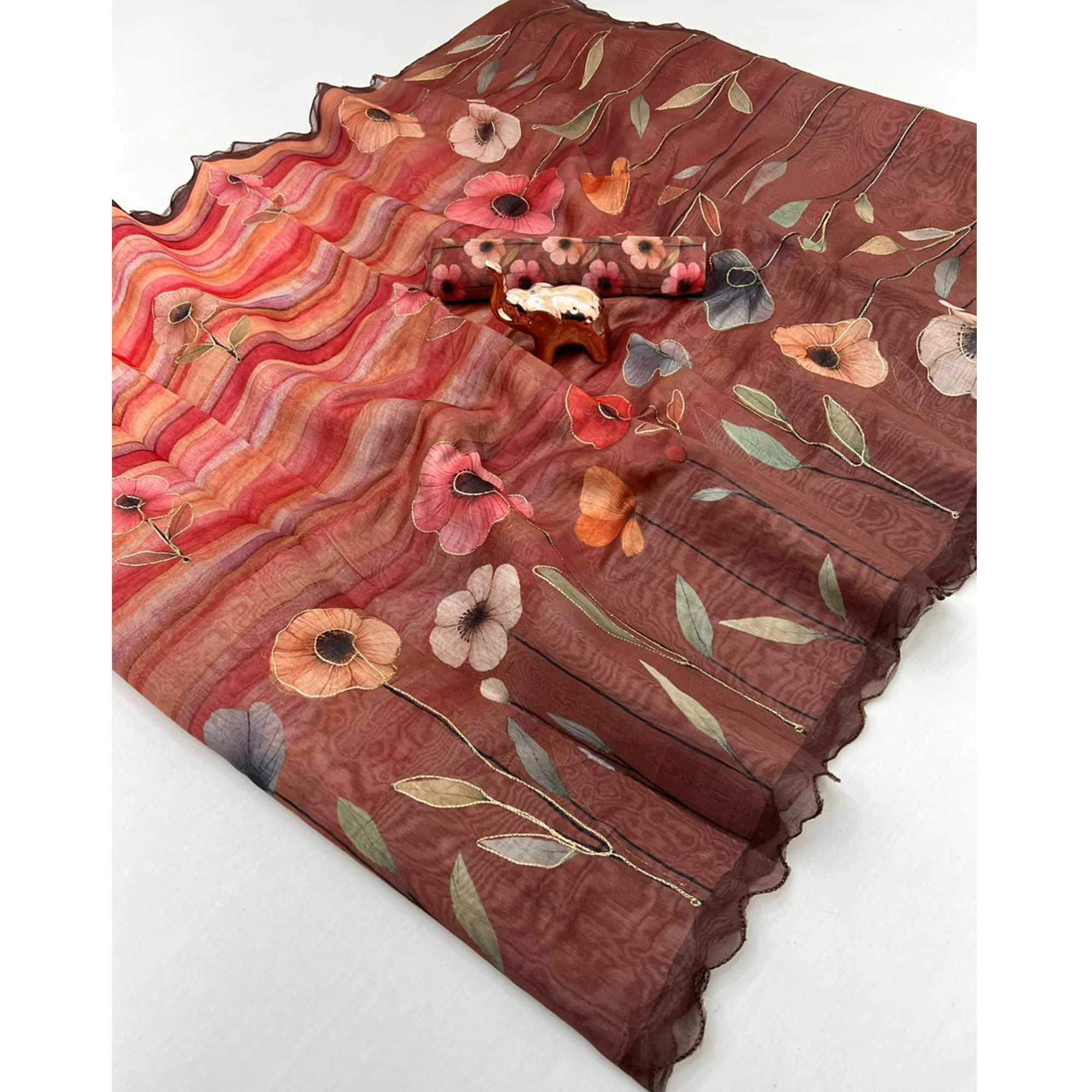 Brown Chanderi Cotton Saree Featuring Floral Print Design and Artistic Embroidered Work - Image 3