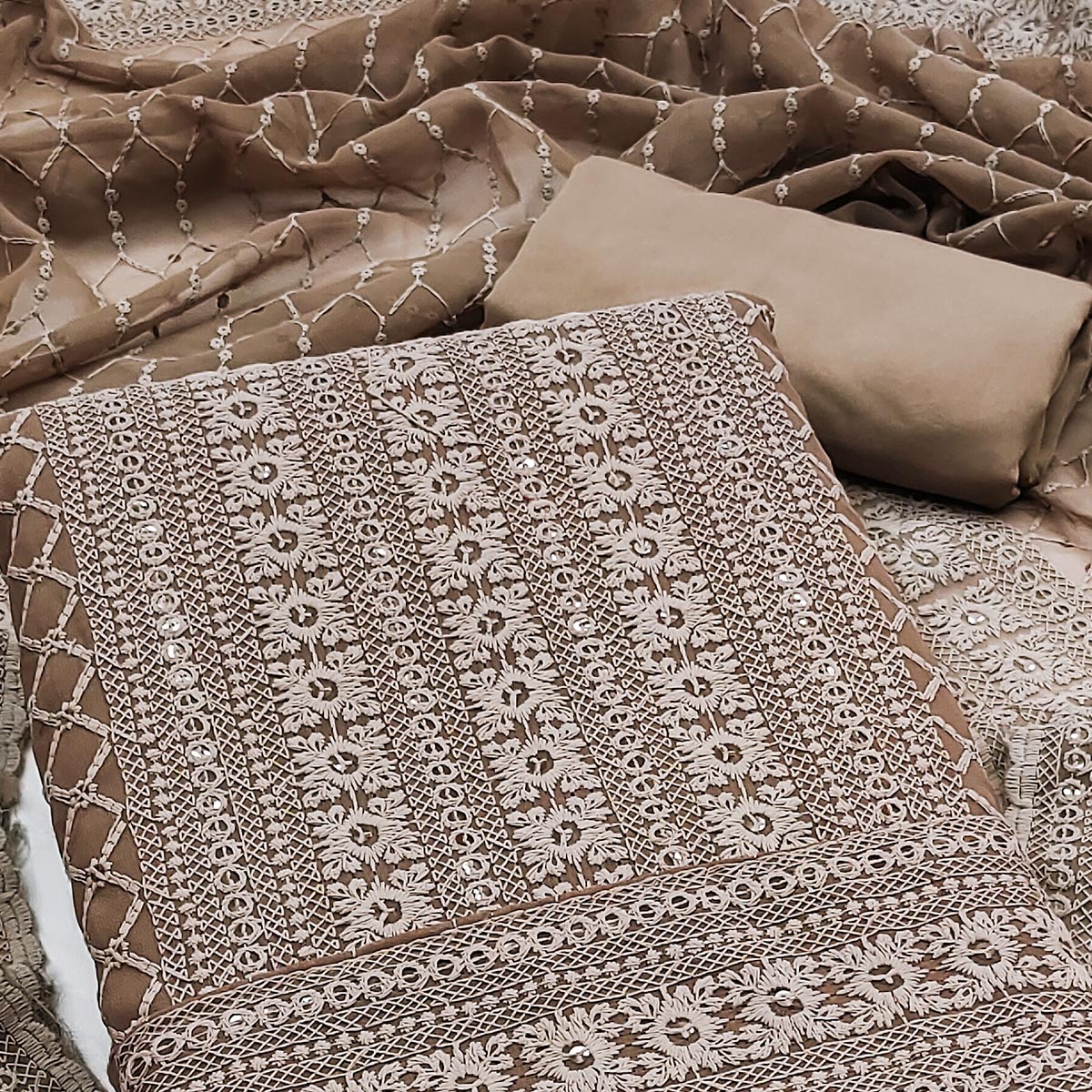 Brown Chikankari Work Georgette Dress Material - Image 2