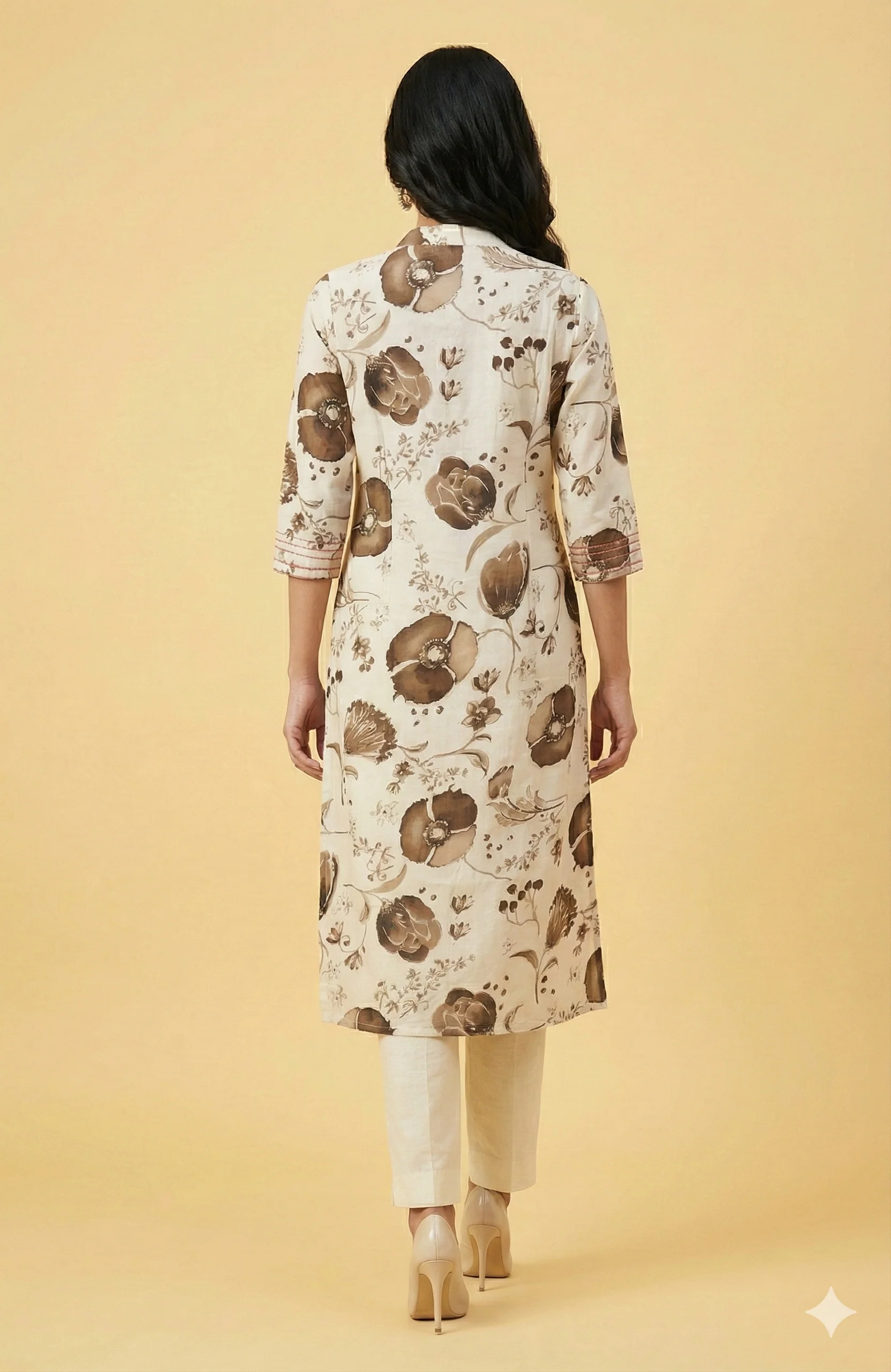 Brown Contemporary Floral Printed Viscose Kurti with Subtle Foil Work - Image 3