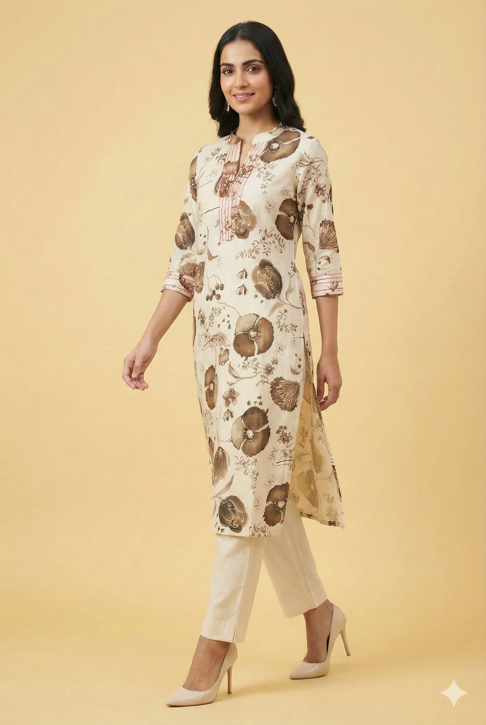 Brown Contemporary Floral Printed Viscose Kurti with Subtle Foil Work - Image 4