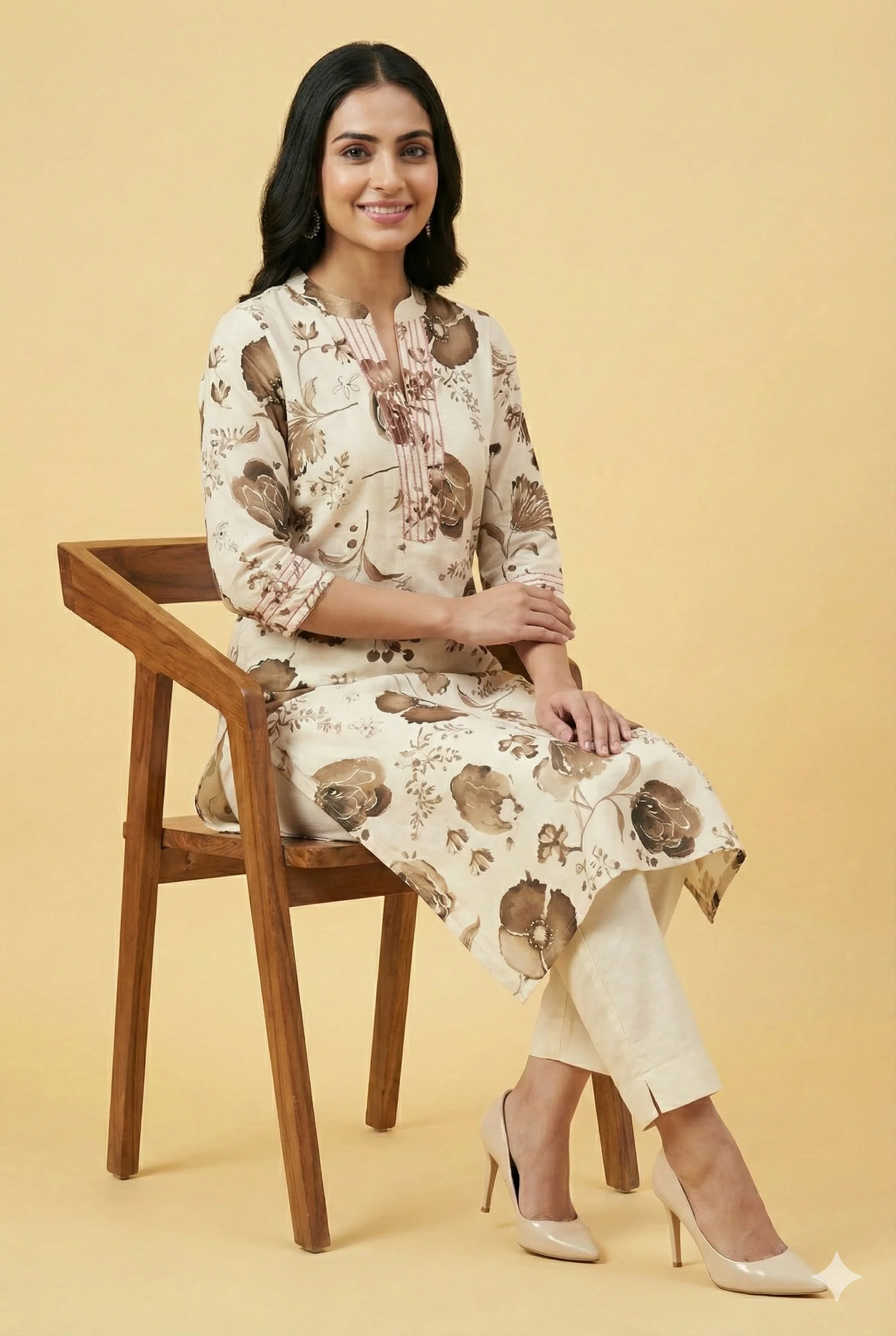 Brown Contemporary Floral Printed Viscose Kurti with Subtle Foil Work - Image 5
