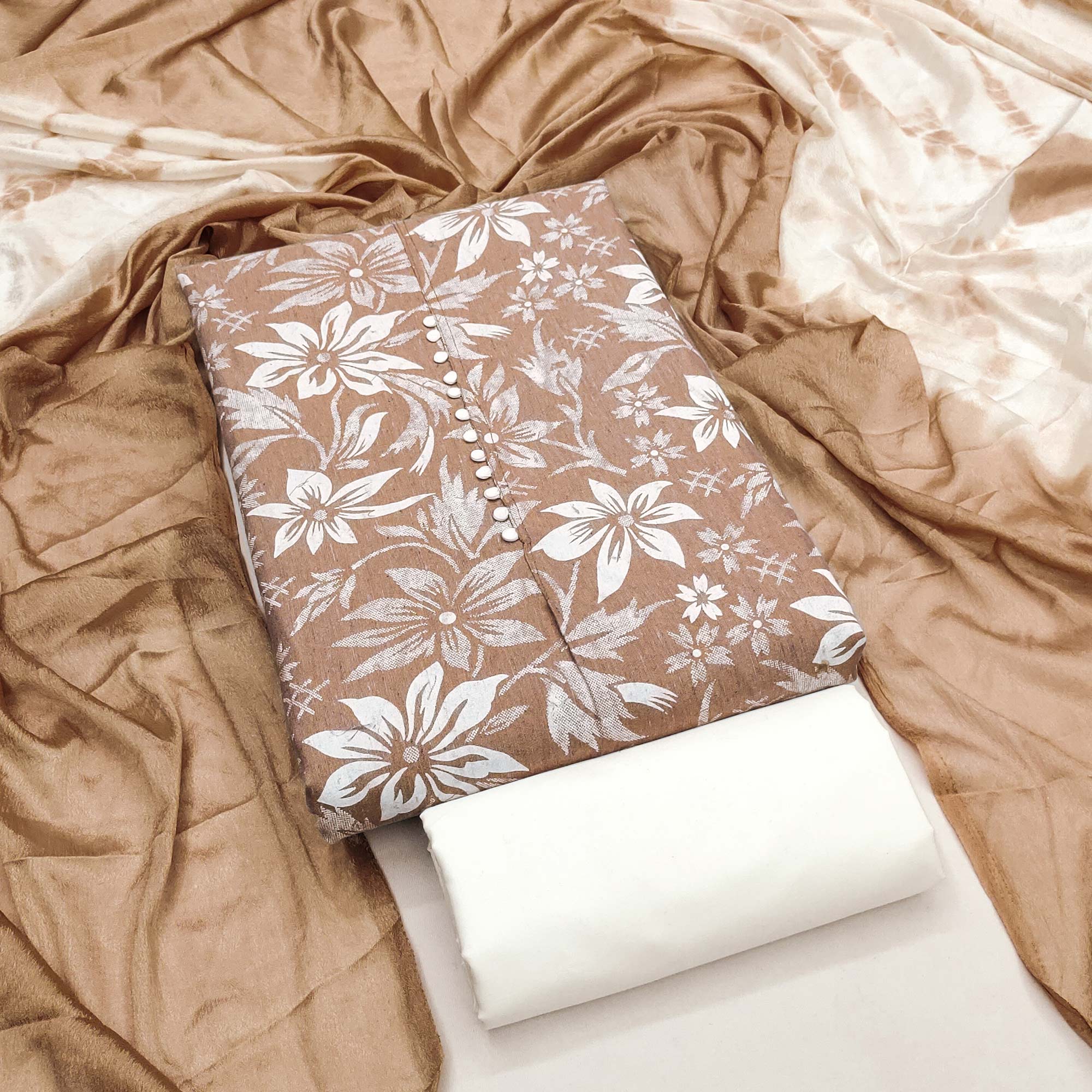 Brown Cotton Blend Dress Material Adorned With Floral Printed Work - Image 3