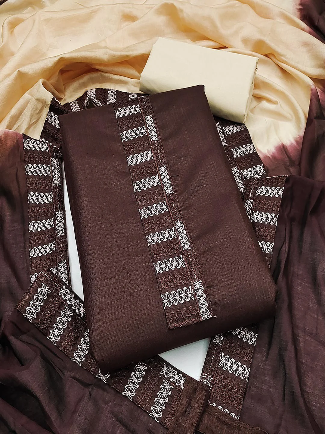 Brown Cotton Blend Dress Material with Intricate Embroidered Yoke and Ombre-Shaded Dupatta