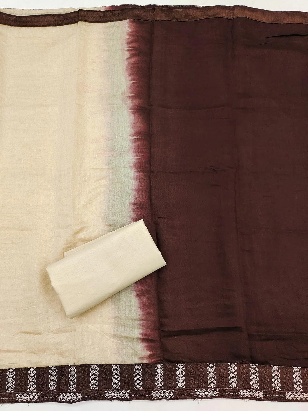 Brown Cotton Blend Dress Material with Intricate Embroidered Yoke and Ombre-Shaded Dupatta - Image 3