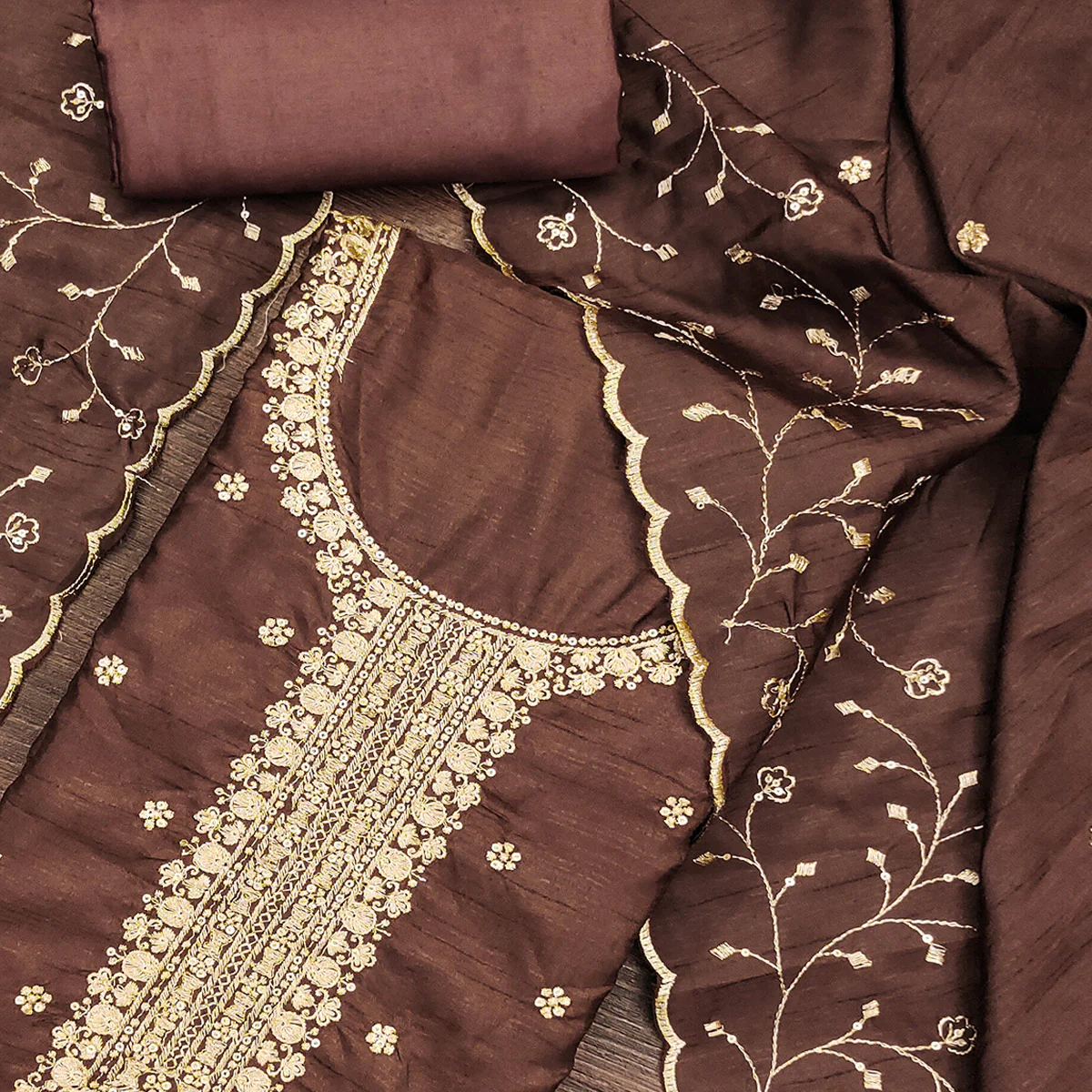 Brown Cotton Silk Unstitched Dress Material Featuring Delicate Jalpari Embroidery - Image 2