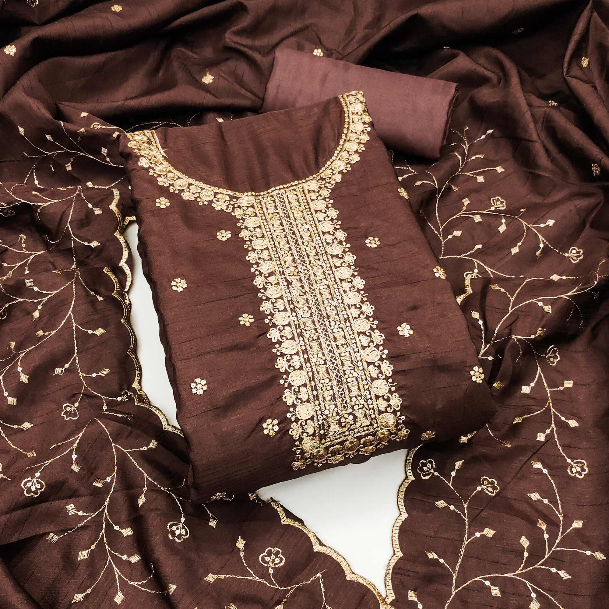 Brown Cotton Silk Unstitched Dress Material Featuring Delicate Jalpari Embroidery - Image 3