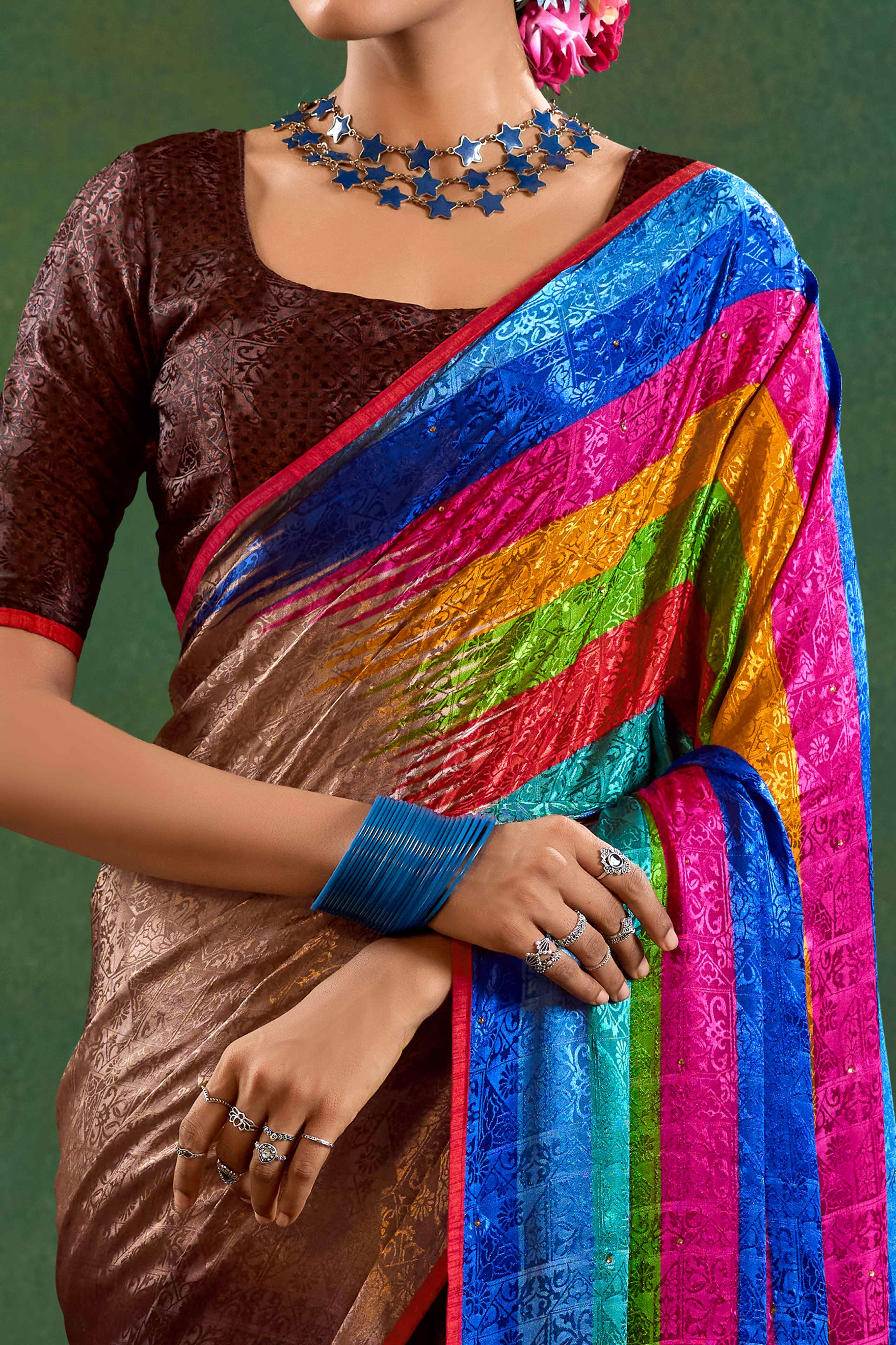 Brown Crepe Jacquard Saree with Vibrant Prints & Stone Work - Image 2