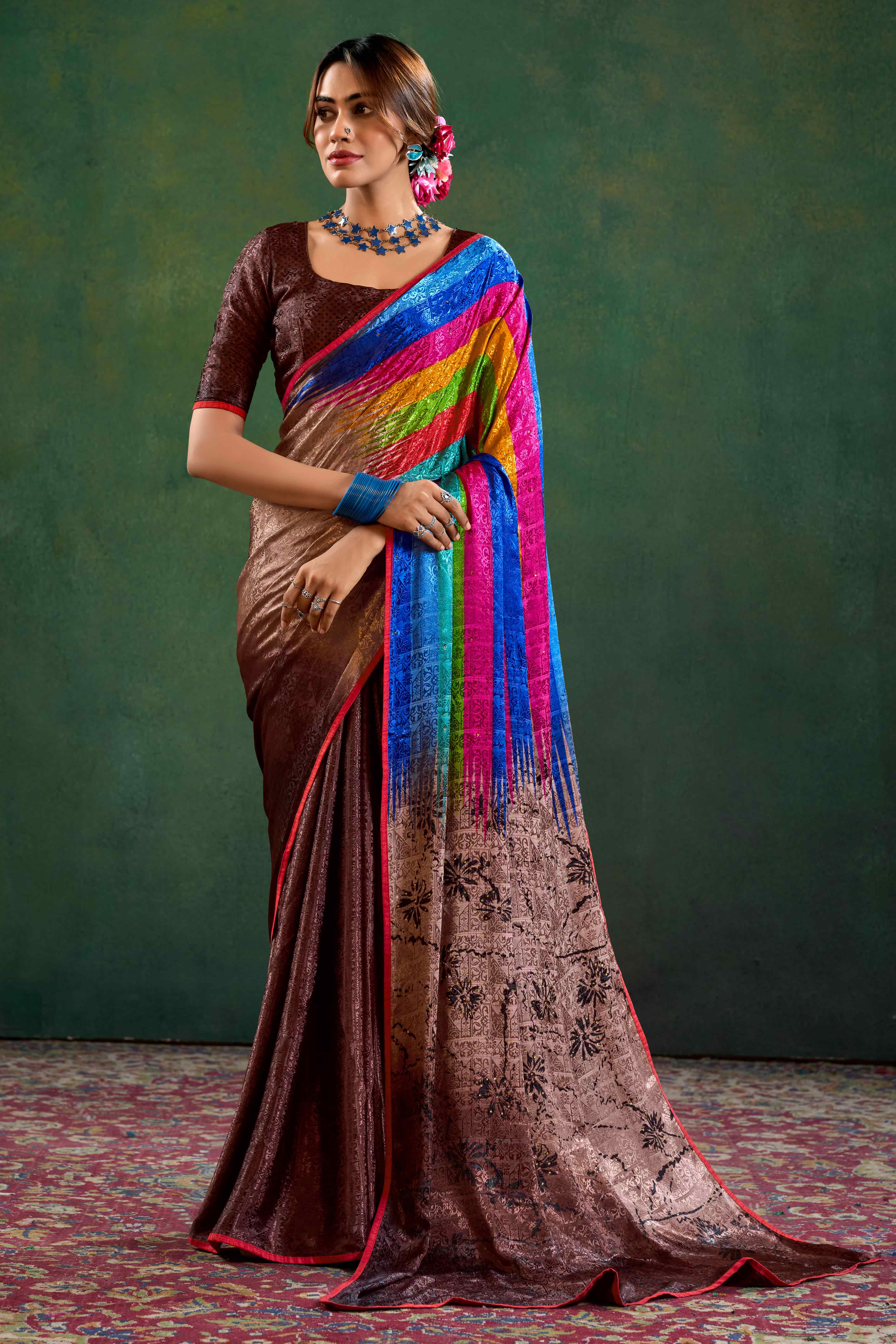 Brown Crepe Jacquard Saree with Vibrant Prints & Stone Work - Image 3