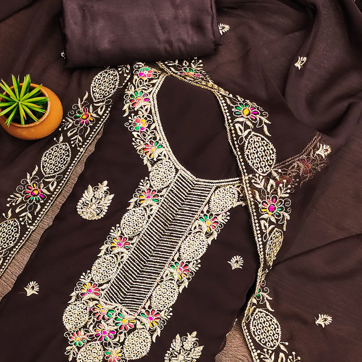 Brown Designer Georgette Dress Material Adorned With Intricate Floral Embroidery - Image 2