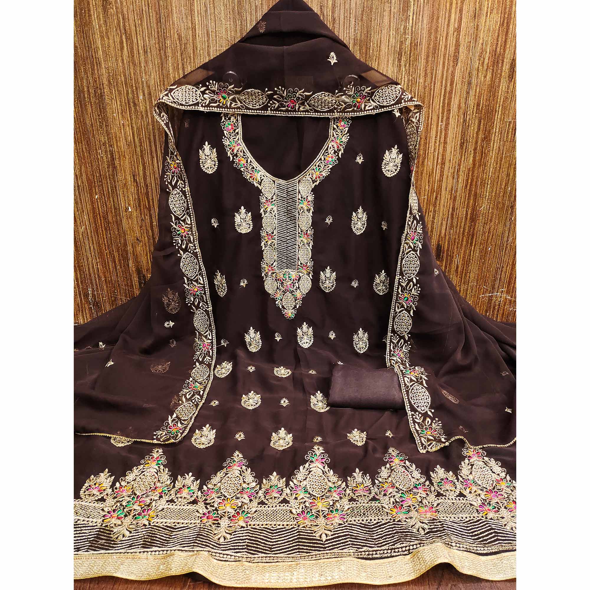 Brown Designer Georgette Dress Material Adorned With Intricate Floral Embroidery - Image 3