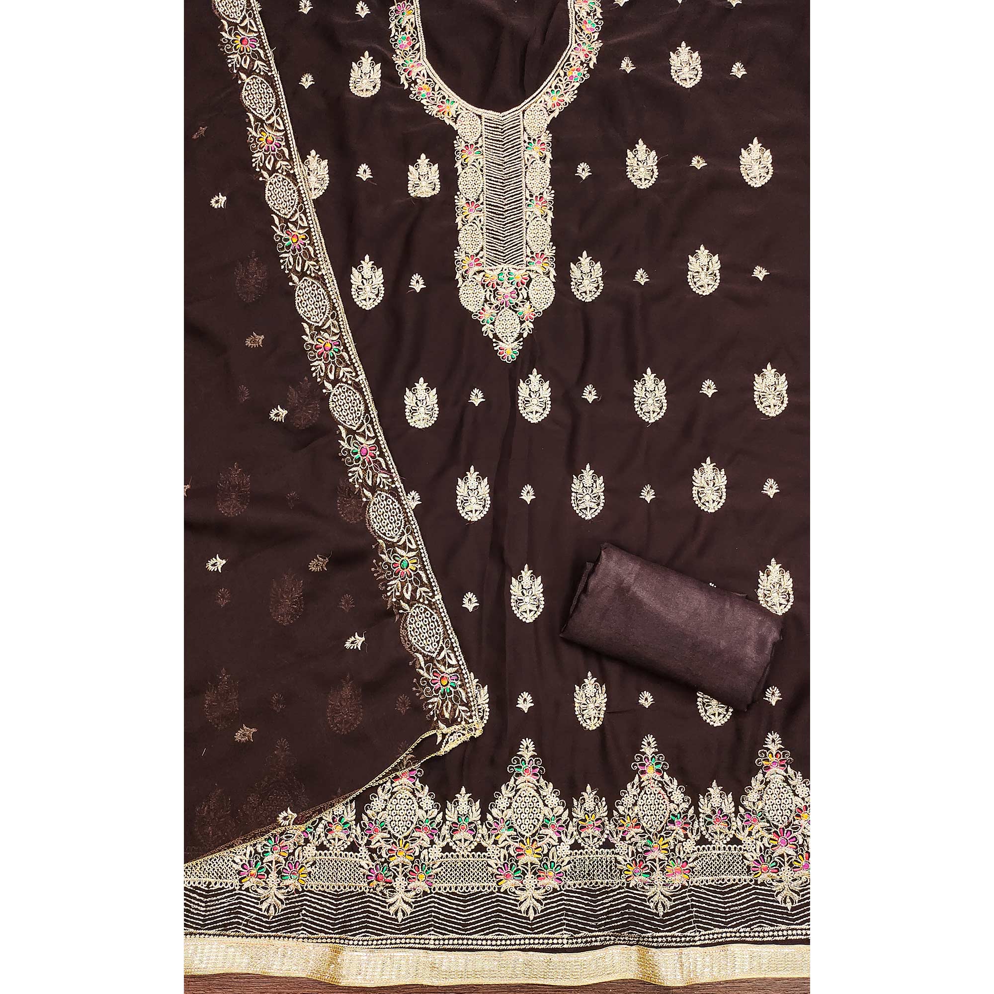 Brown Designer Georgette Dress Material Adorned With Intricate Floral Embroidery - Image 4