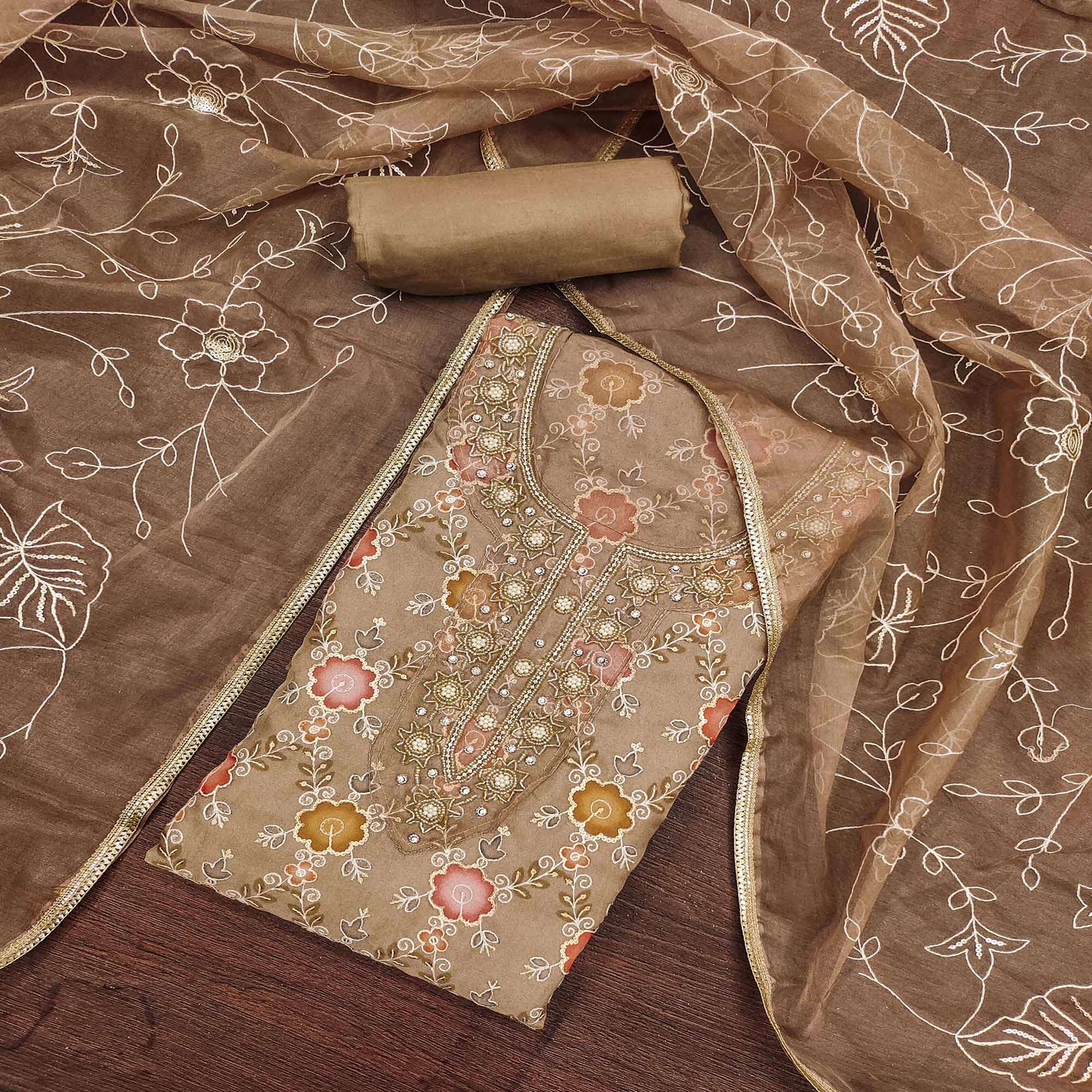 Brown Digital Printed With Hand Embroidered Organza Dress Material - Image 3
