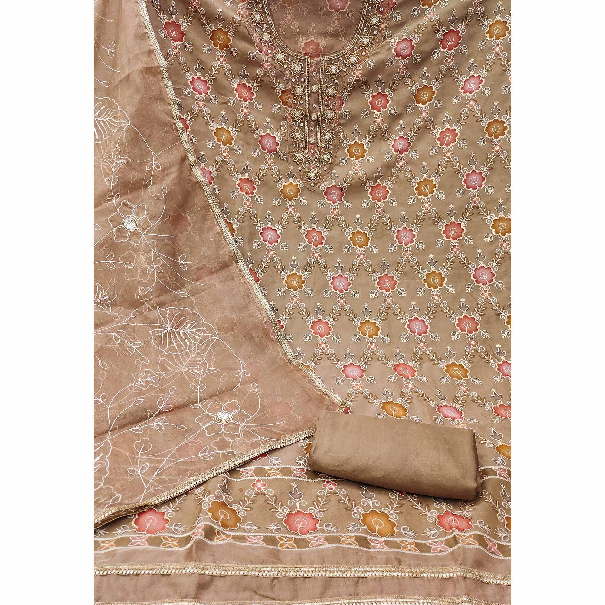 Brown Digital Printed With Hand Embroidered Organza Dress Material - Image 4