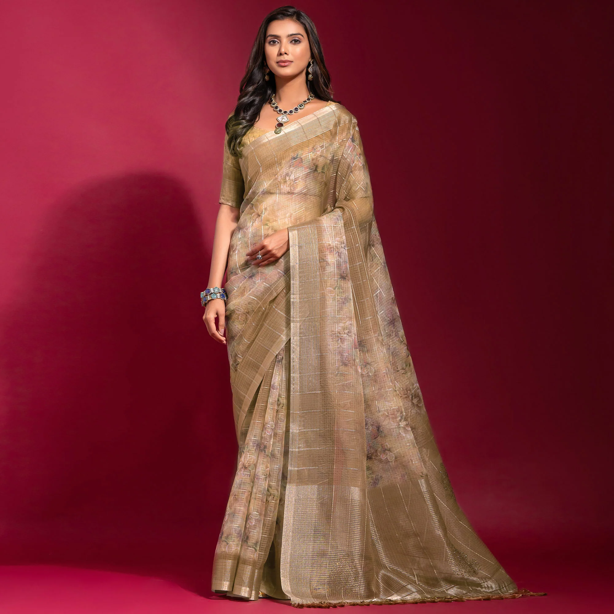 Brown Digital Printed With Zari Work Linen Saree - Image 2
