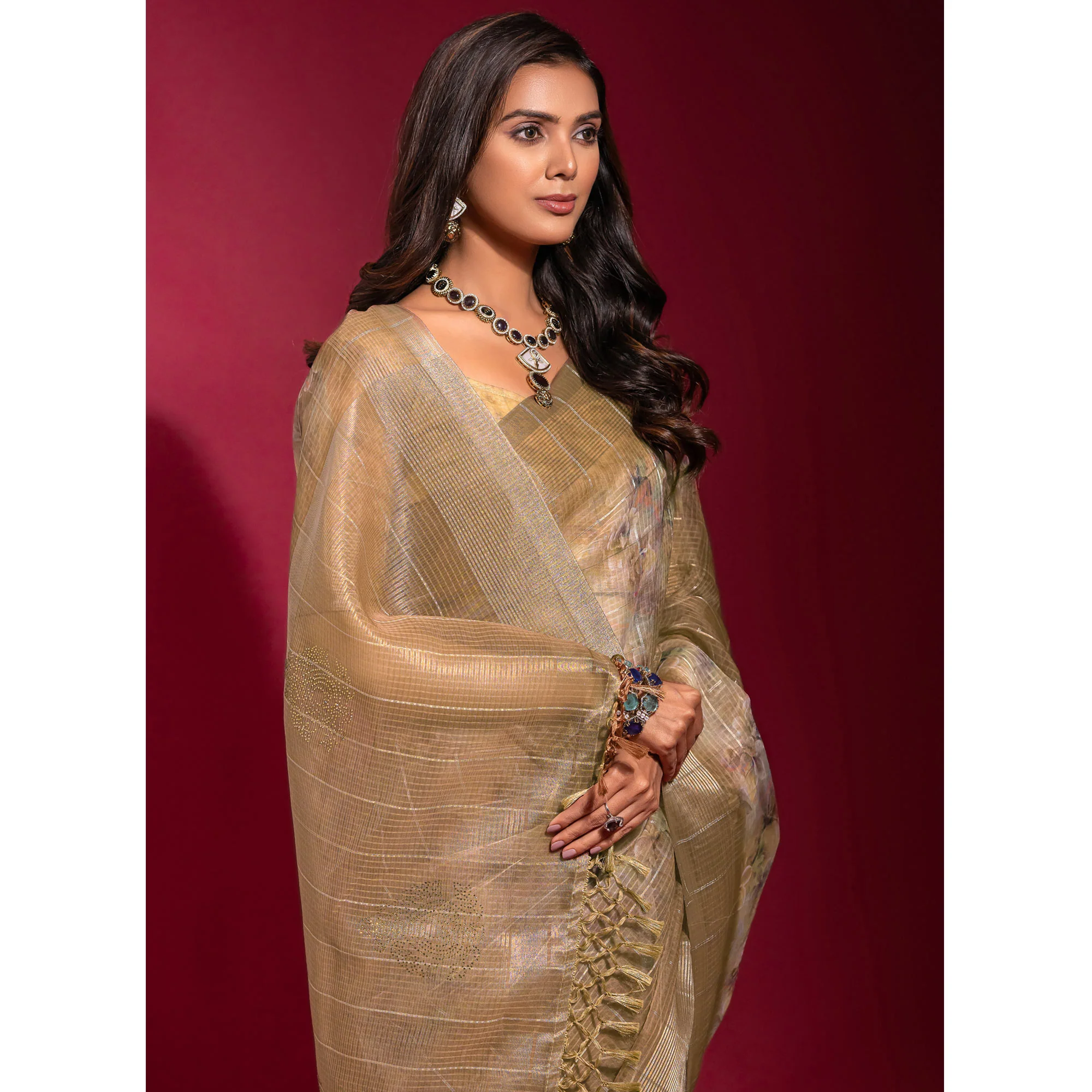 Brown Digital Printed With Zari Work Linen Saree - Image 4