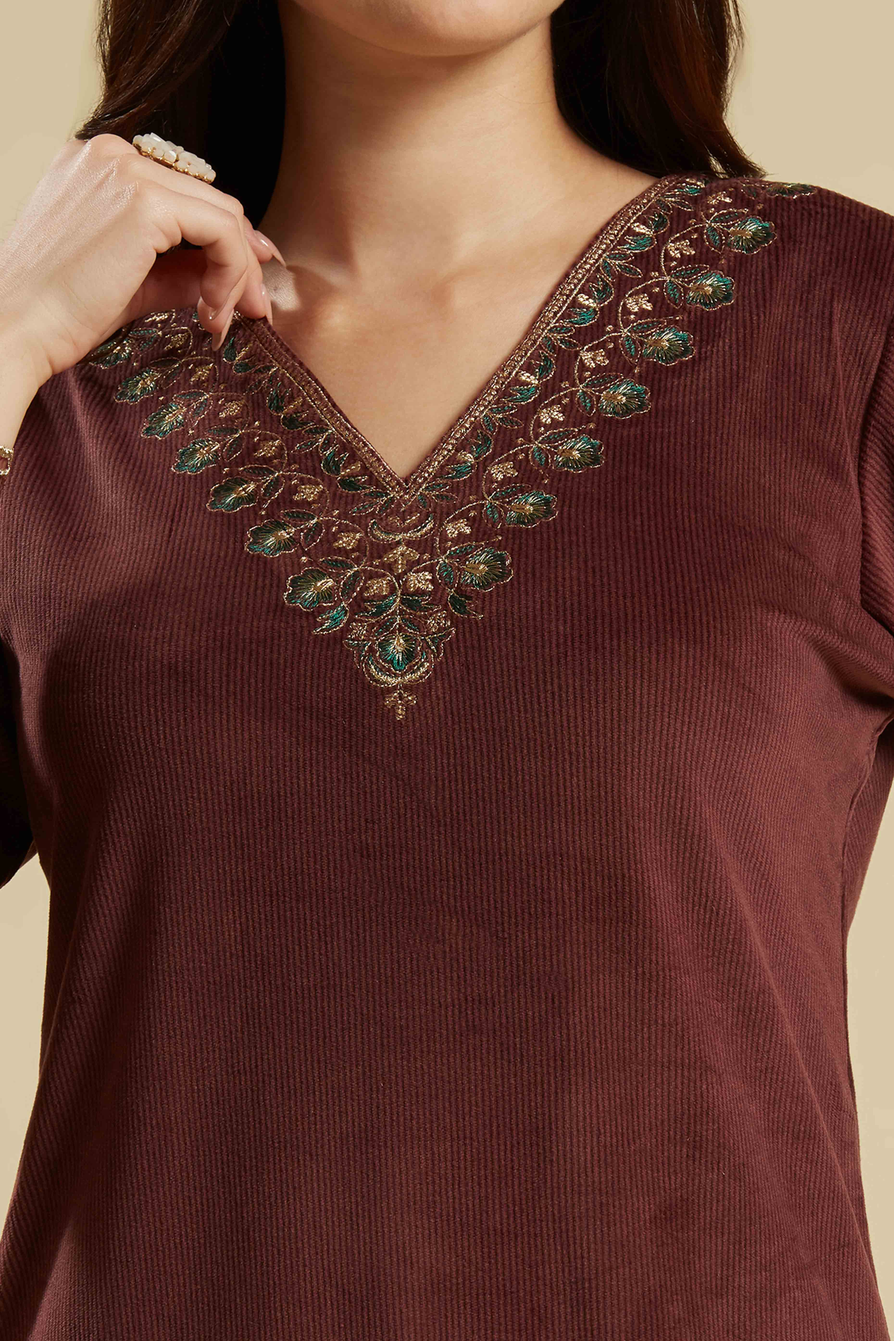 Brown Embroidered Velvet A-Line Top Bottom Set - Image 2