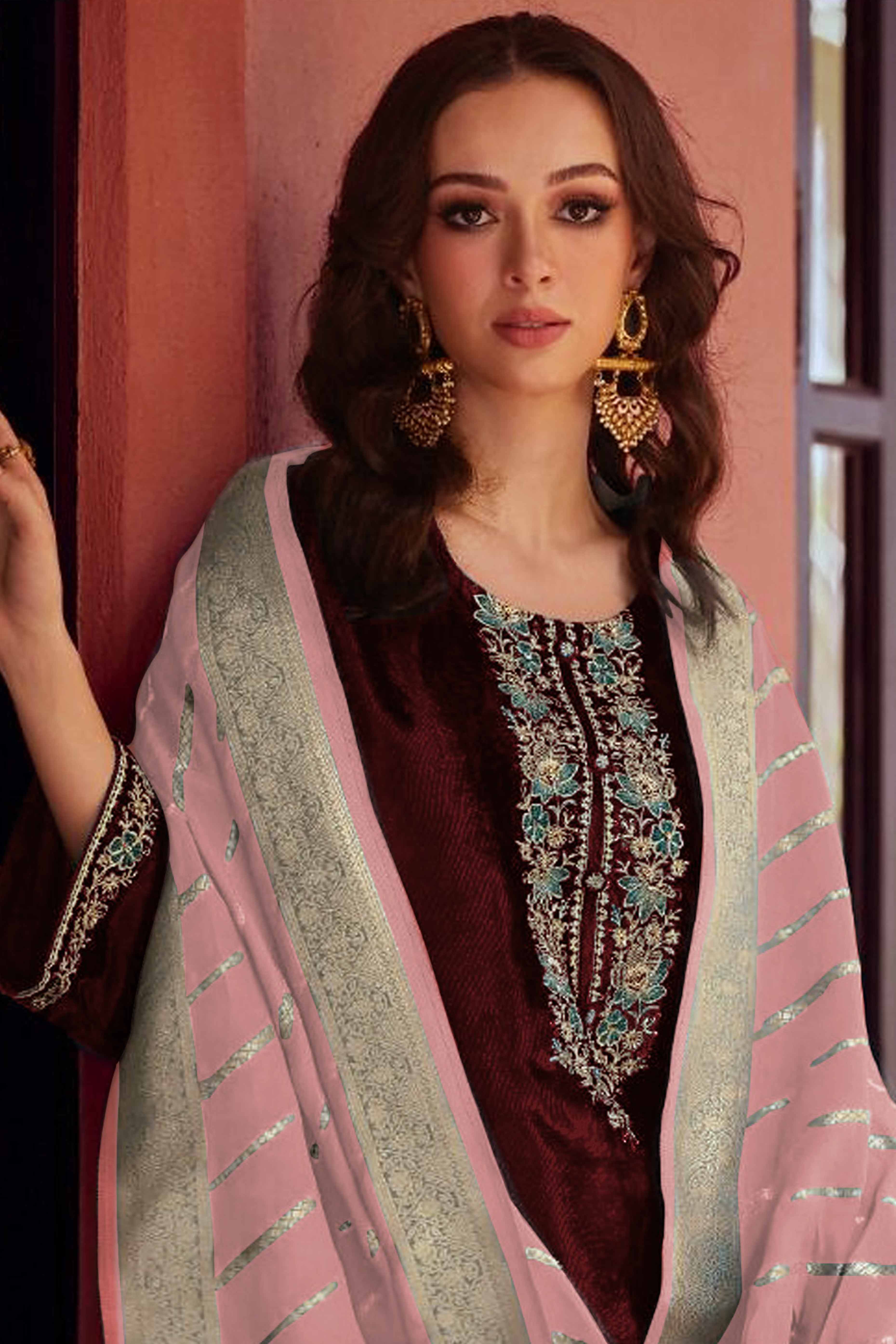 Brown Embroidered Velvet Semi-Stitched Salwar Suit - Image 3