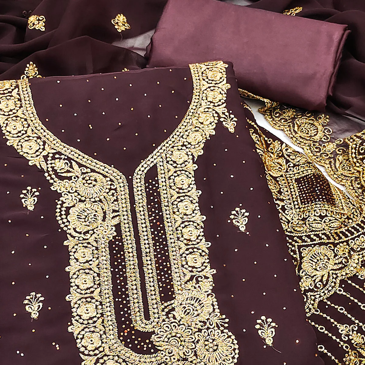 Brown Embroidered With Swarovski Work Georgette Dress Material - Image 2