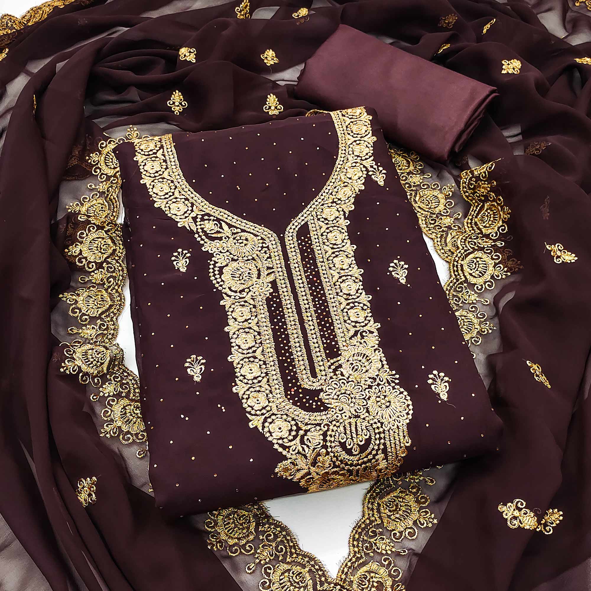 Brown Embroidered With Swarovski Work Georgette Dress Material - Image 3