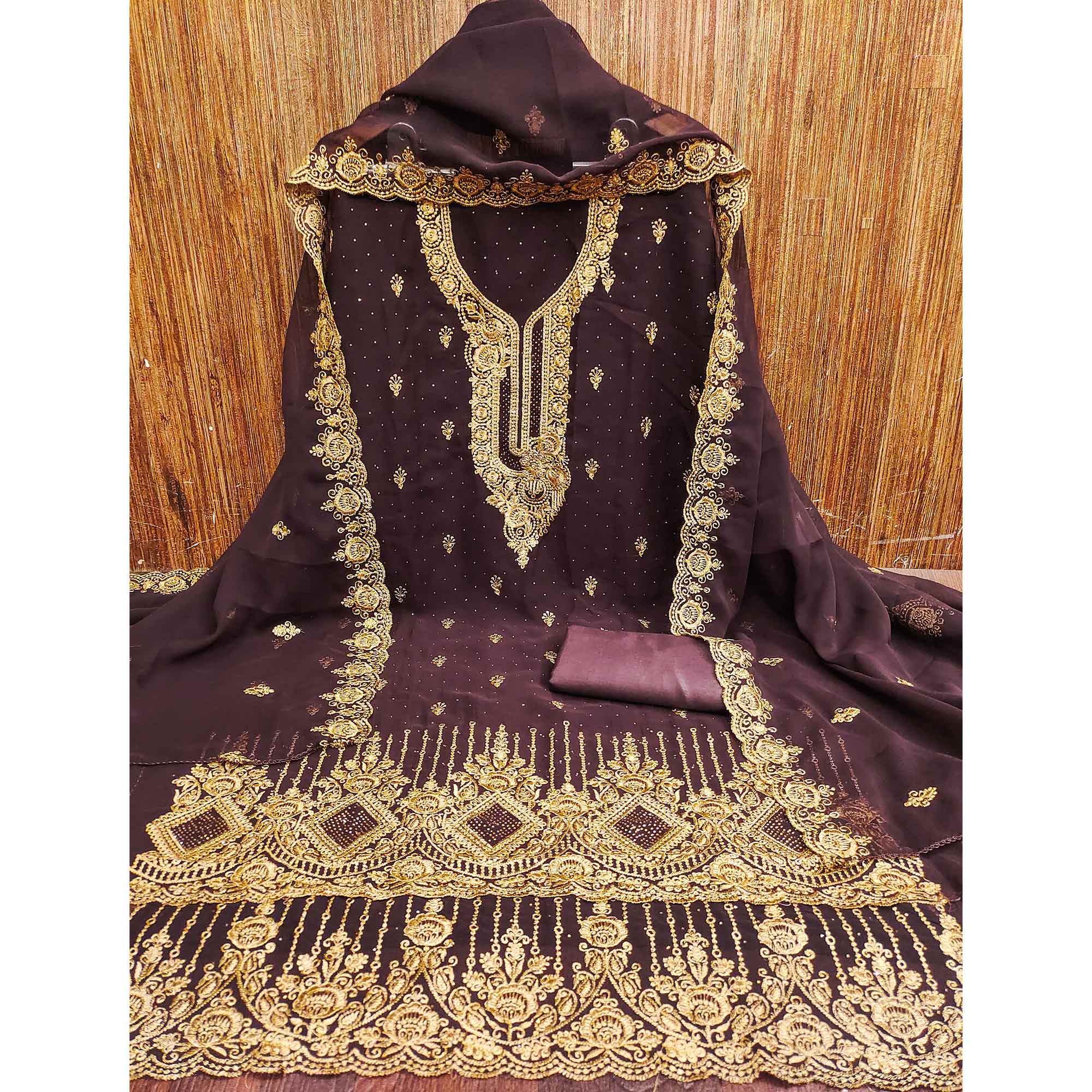 Brown Embroidered With Swarovski Work Georgette Dress Material - Image 4