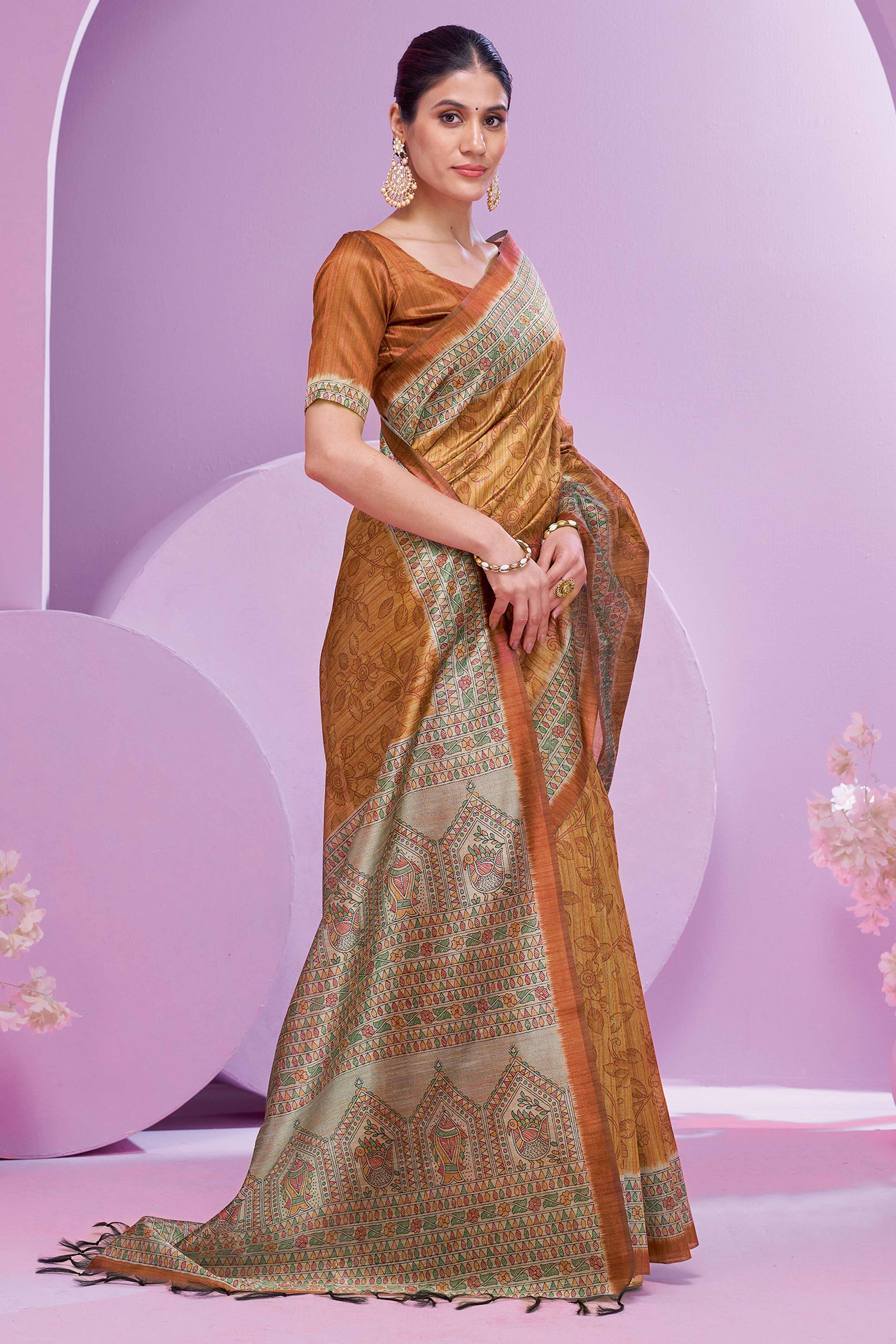 Brown Ethnic Cotton Silk Saree Adorned with Madhubani Florals Print - Image 3