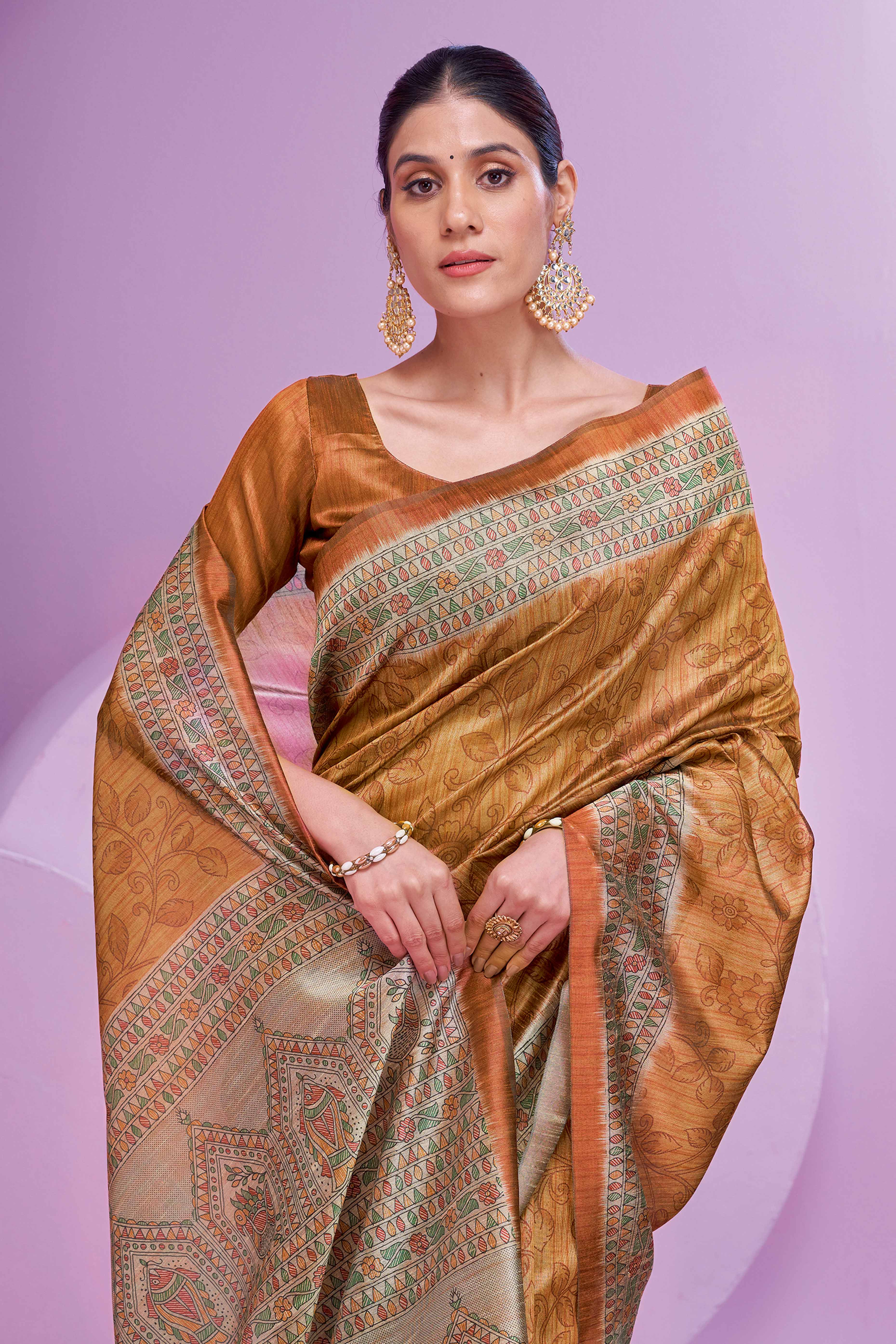 Brown Ethnic Cotton Silk Saree Adorned with Madhubani Florals Print - Image 4